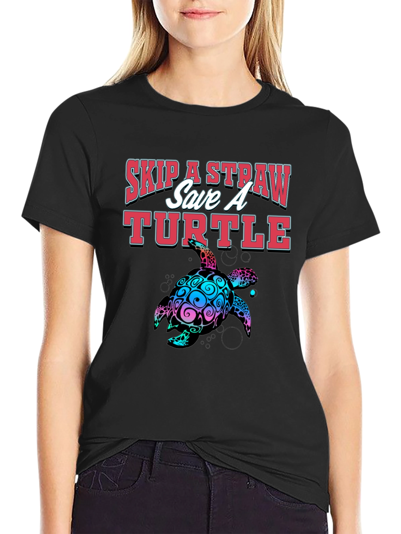 Black Skip A Straw Save A Turtle Graphic T-Shirt view 2