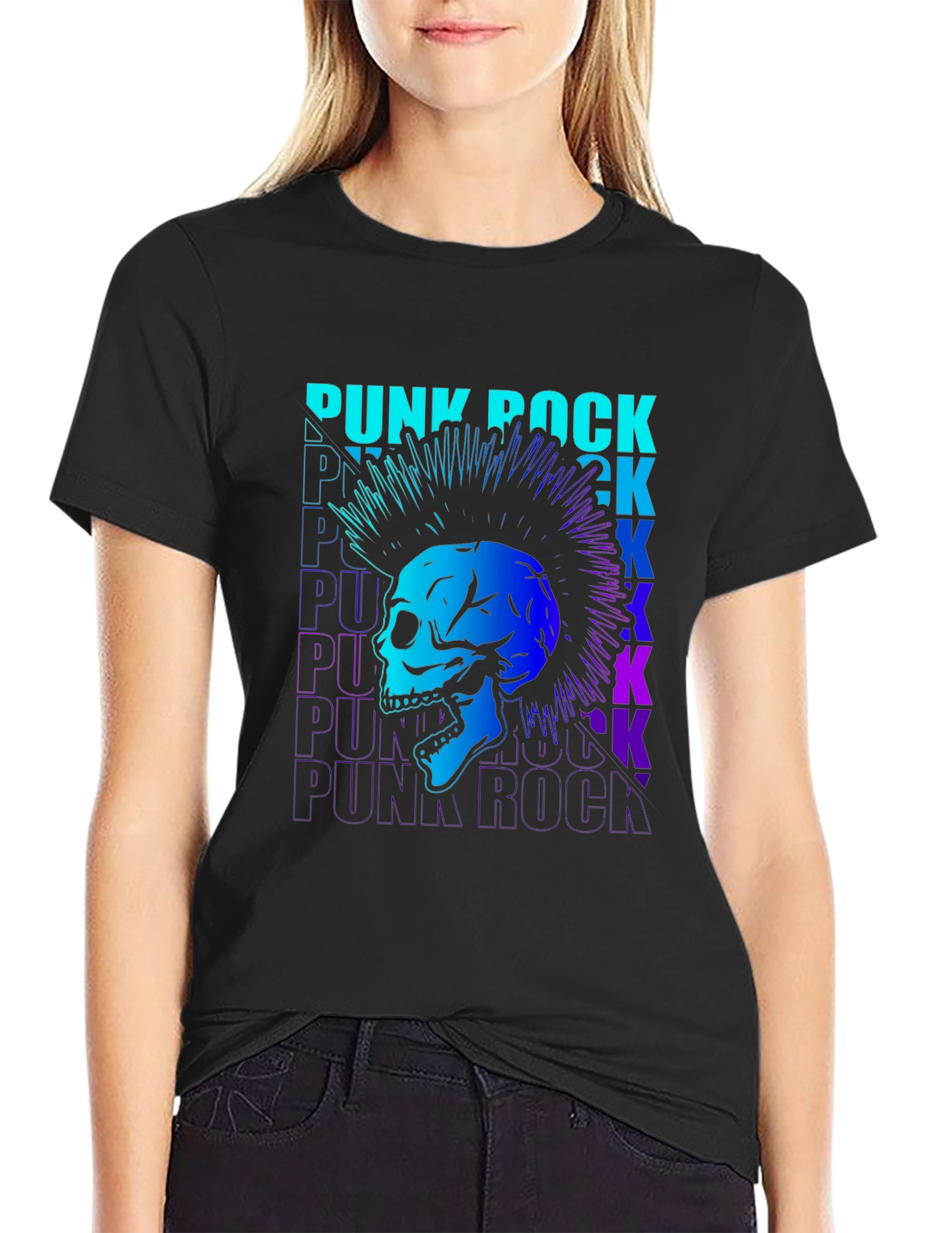 Black Punk Rock Skull Graphic T-Shirt view 2