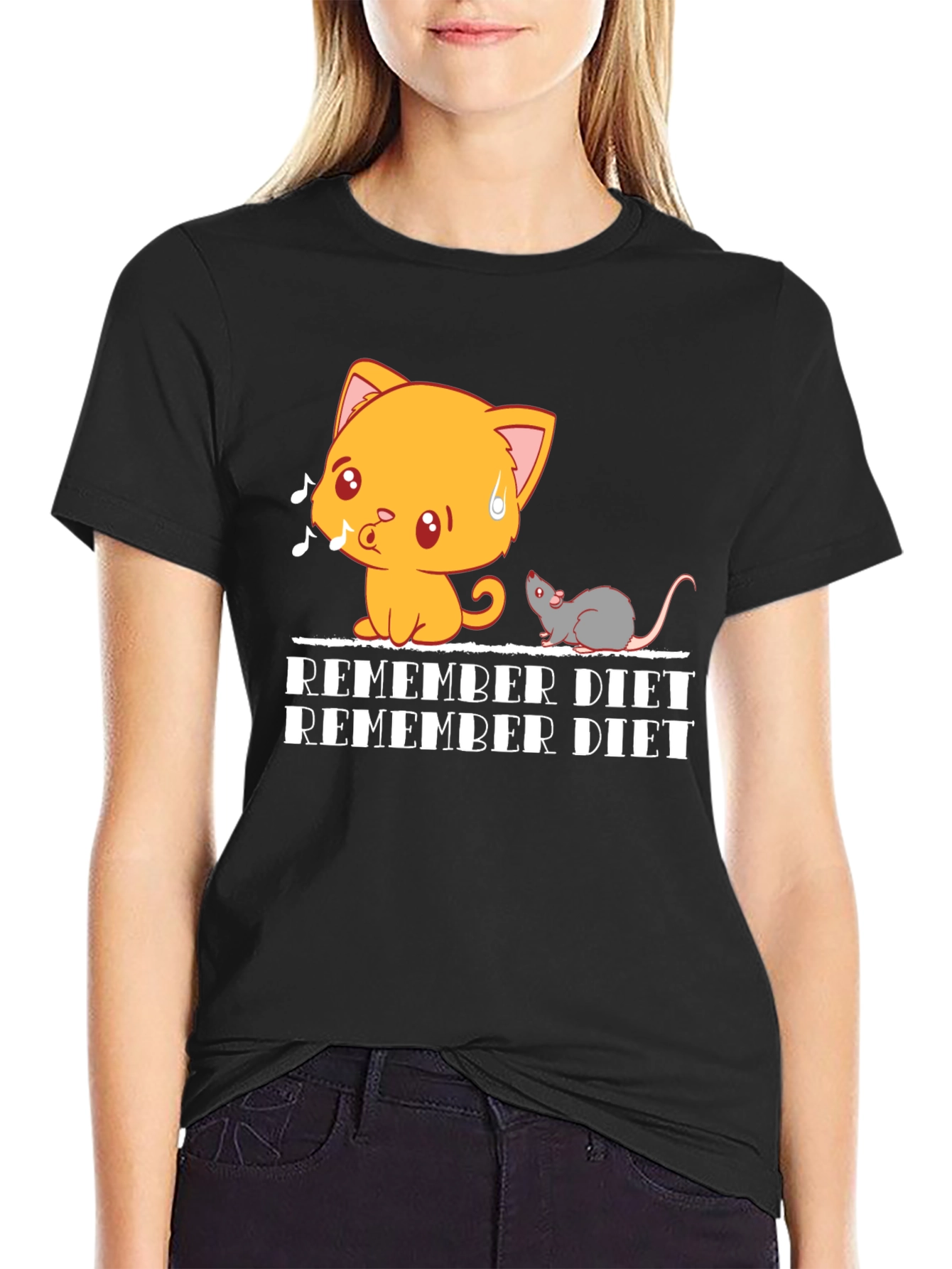 Black Remember Diet T-Shirt - Cute Cat & Mouse Design view 2