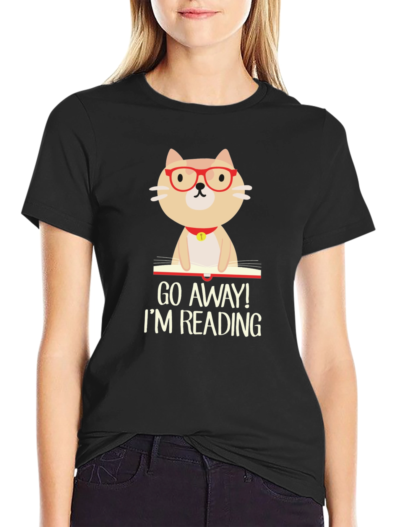 Black Funny Reading Cat Graphic T-Shirt view 2