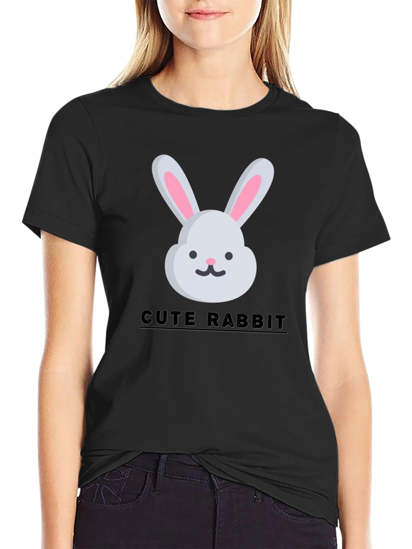 Black Cute Rabbit Graphic Tee - Trendy Unisex T-Shirt view 2