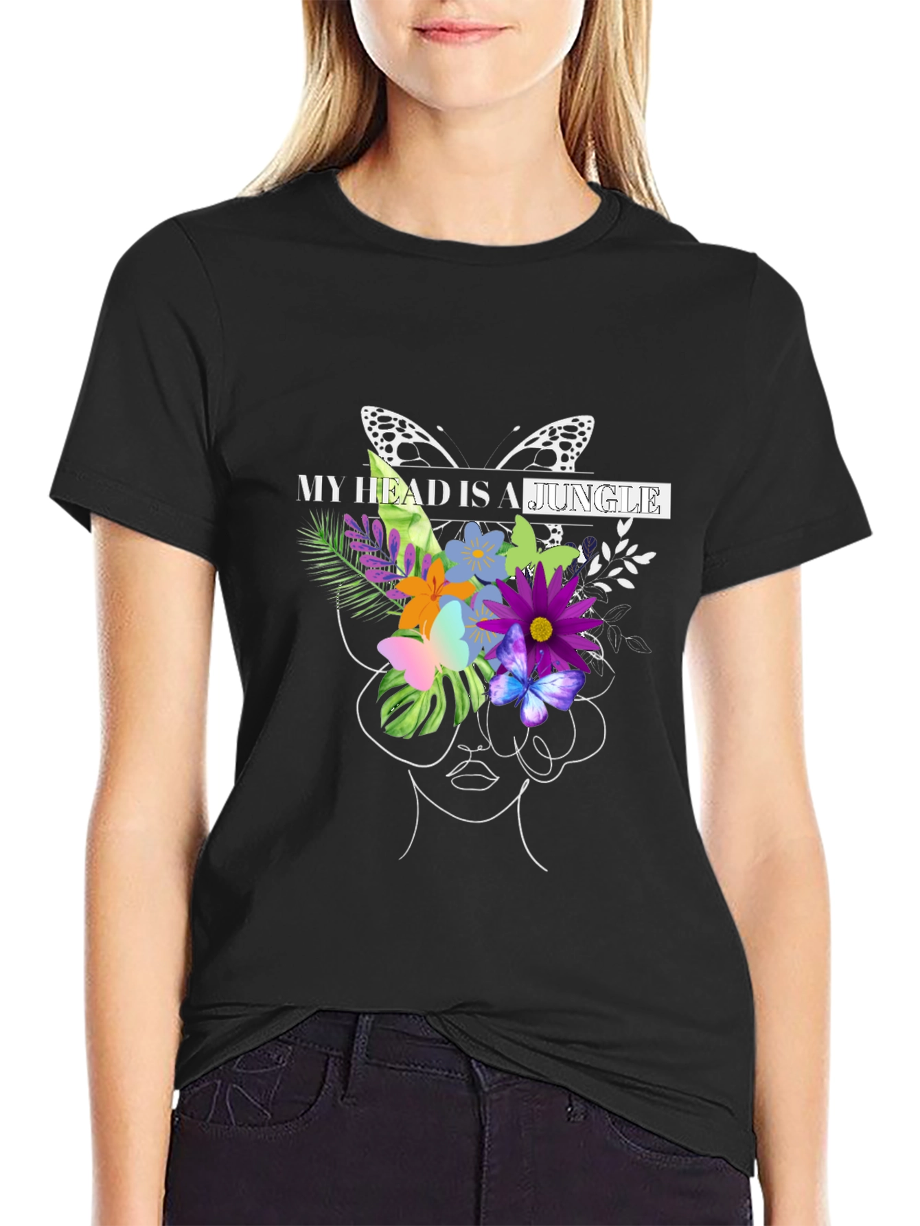 Black Jungle Mind T-Shirt - Floral Butterfly Graphic Tee view 2