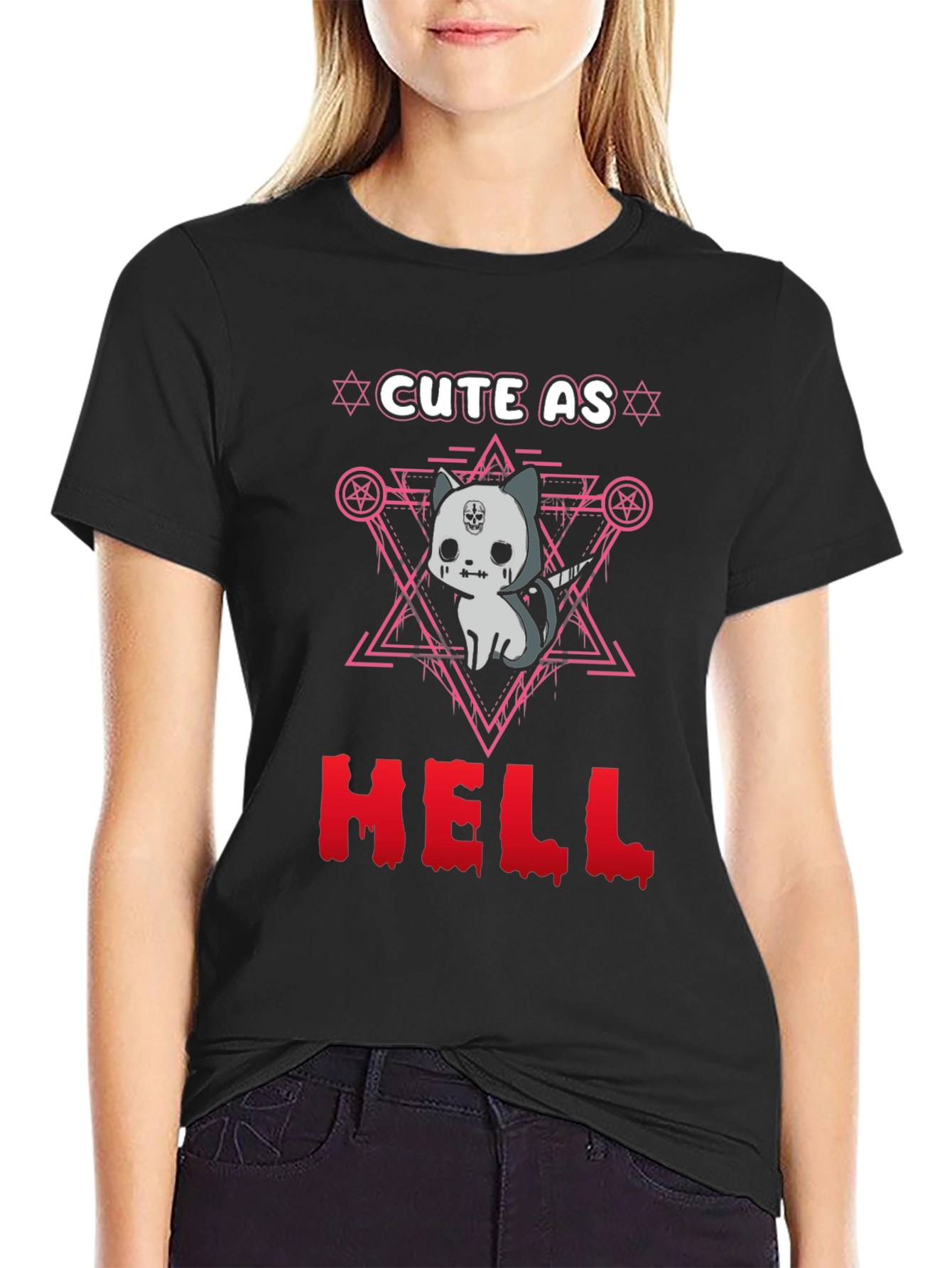 Black Cute as Hell T-Shirt Gothic Satanic Cat view 2