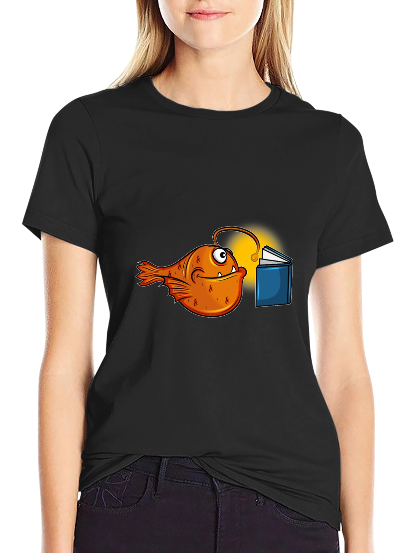 Black Anglerfish Reading Book Graphic T-Shirt view 2