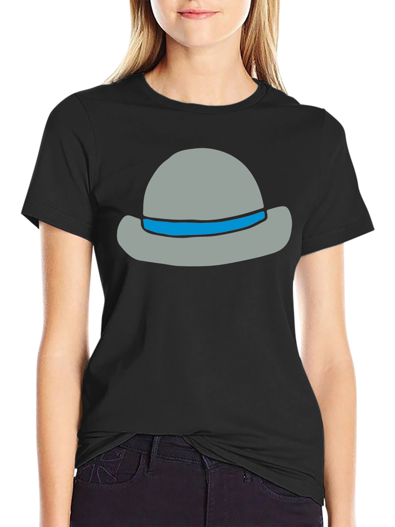 Black Stylish Cartoon Hat Graphic Tee - Unisex Cotton Blend view 2