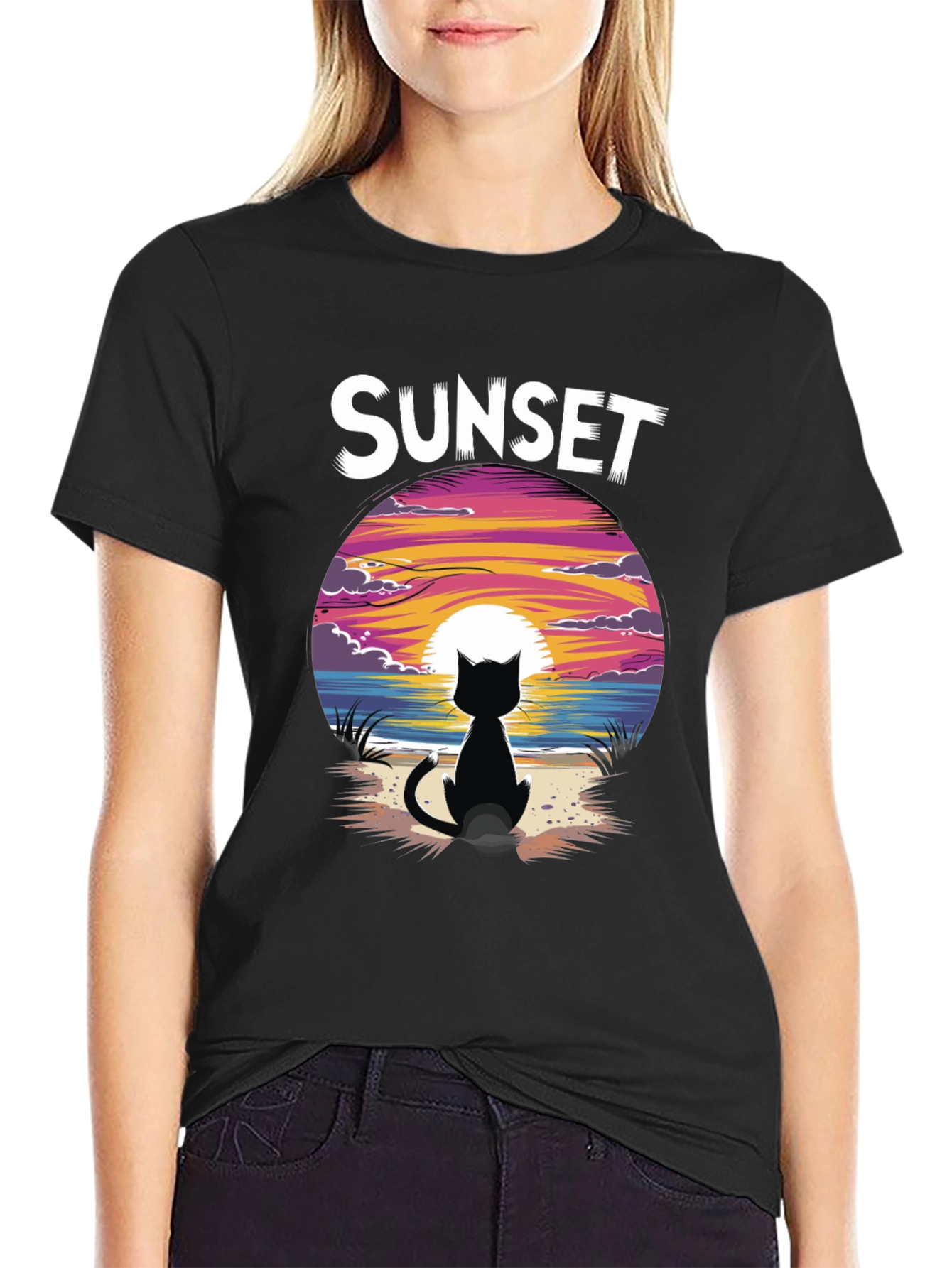 Black Sunset Cat Graphic Tee - Stylish Unisex Cotton T-Shirt view 2