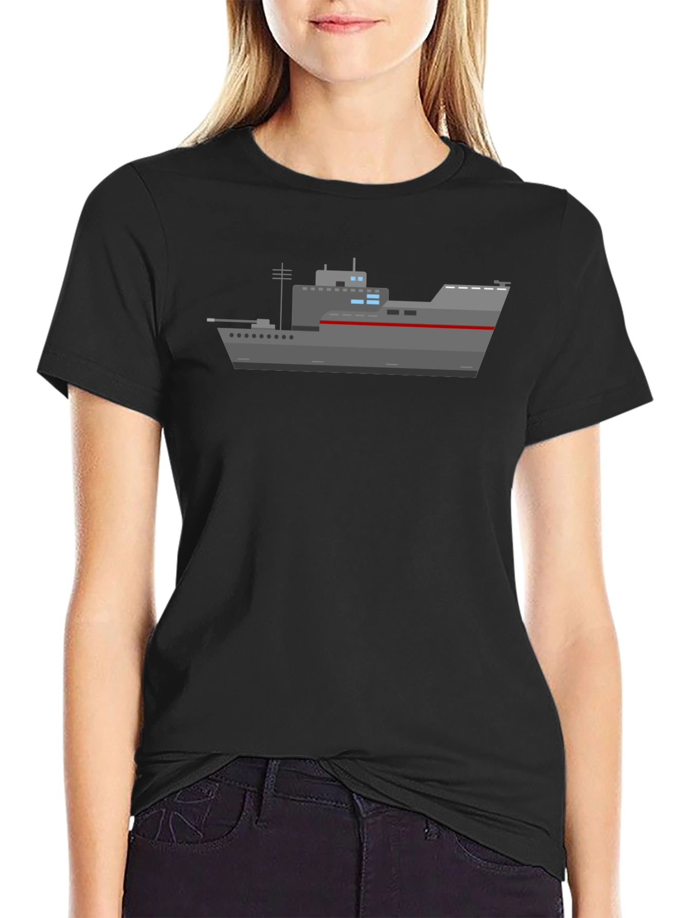 Black Naval Ship Graphic T-Shirt - Black Crew Neck Tee view 2