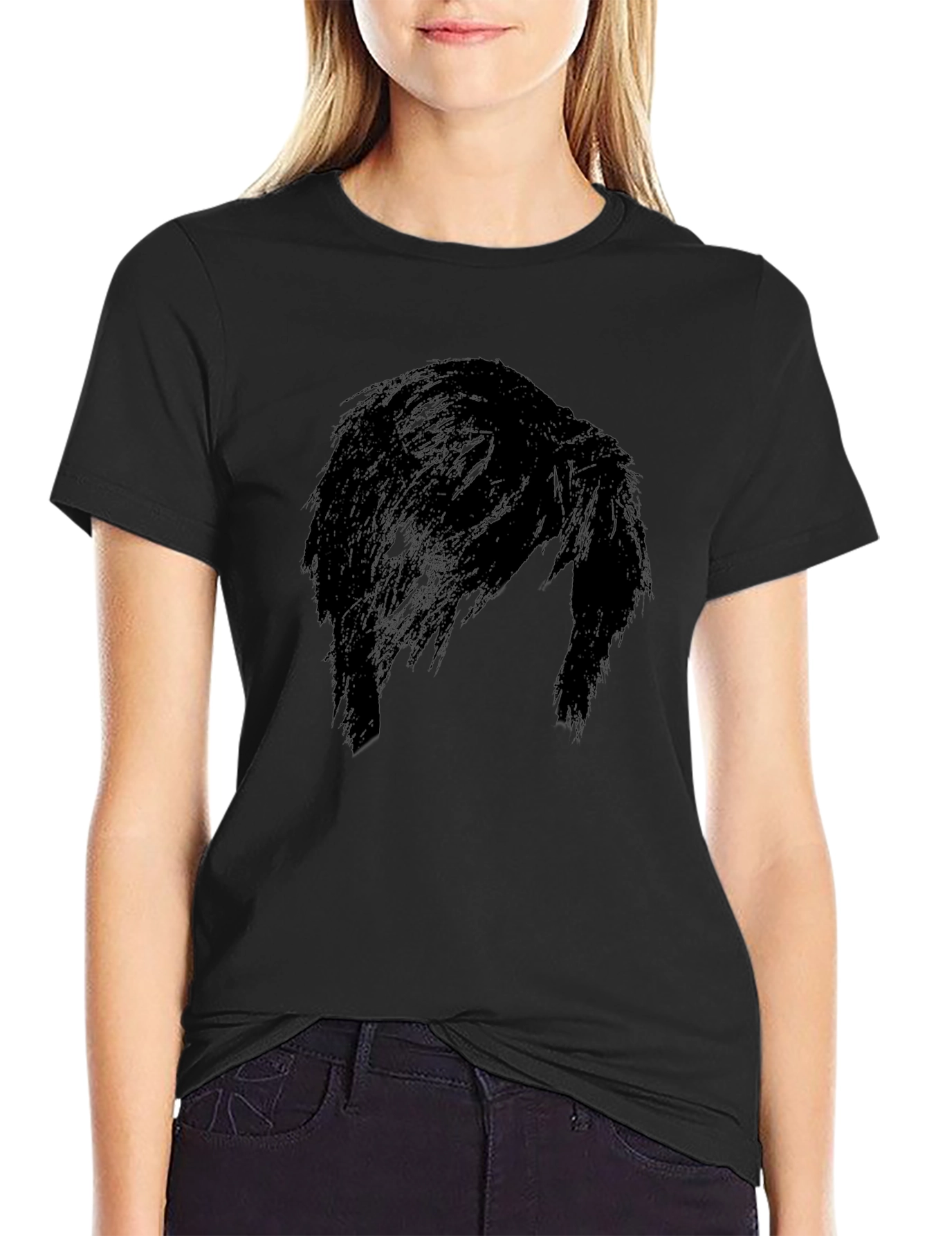Black Men's Black Graphic Tee - Mysterious Hair Silhouette Design view 2