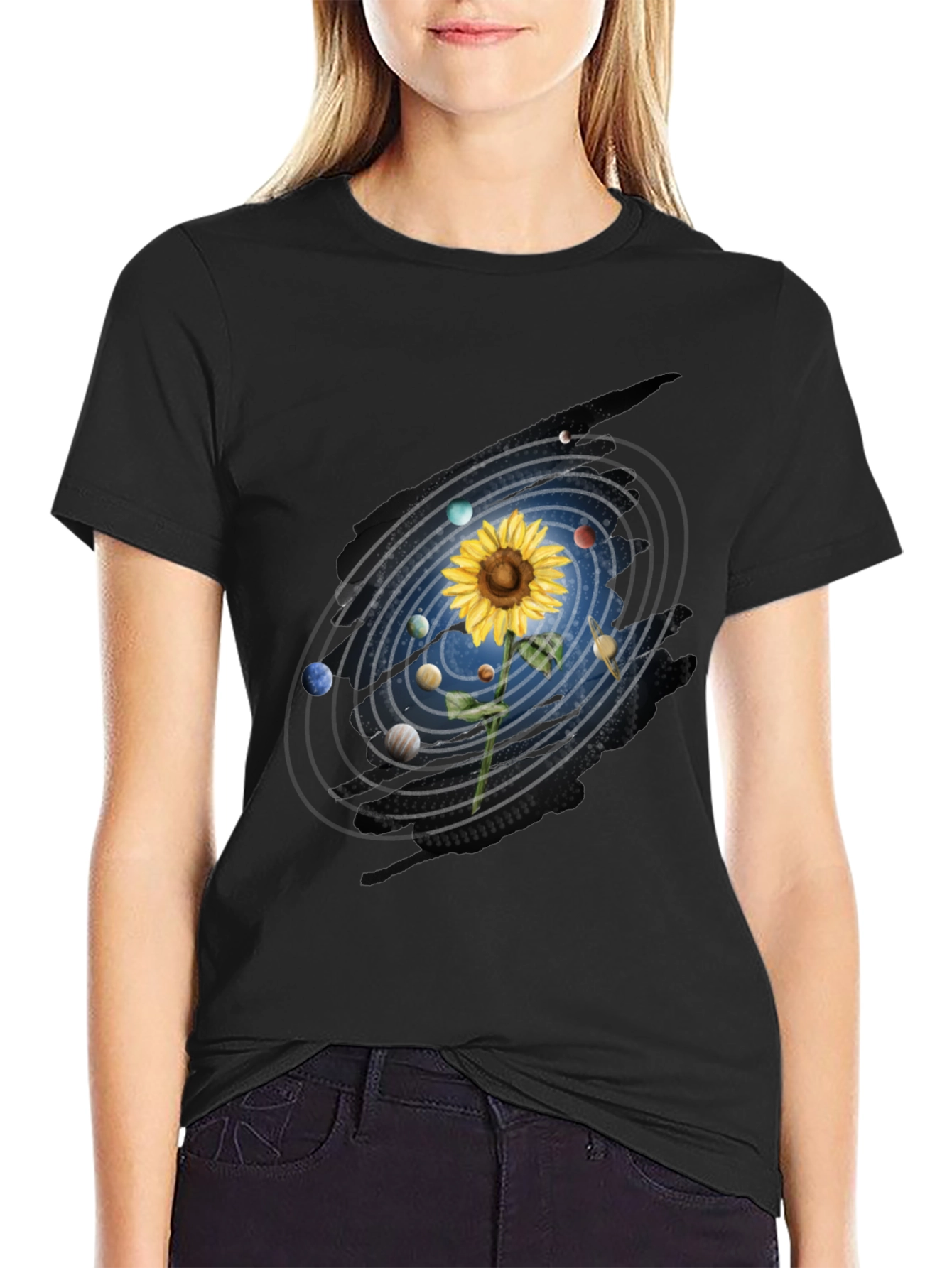 Black Sunflower Solar System Graphic Tee view 2