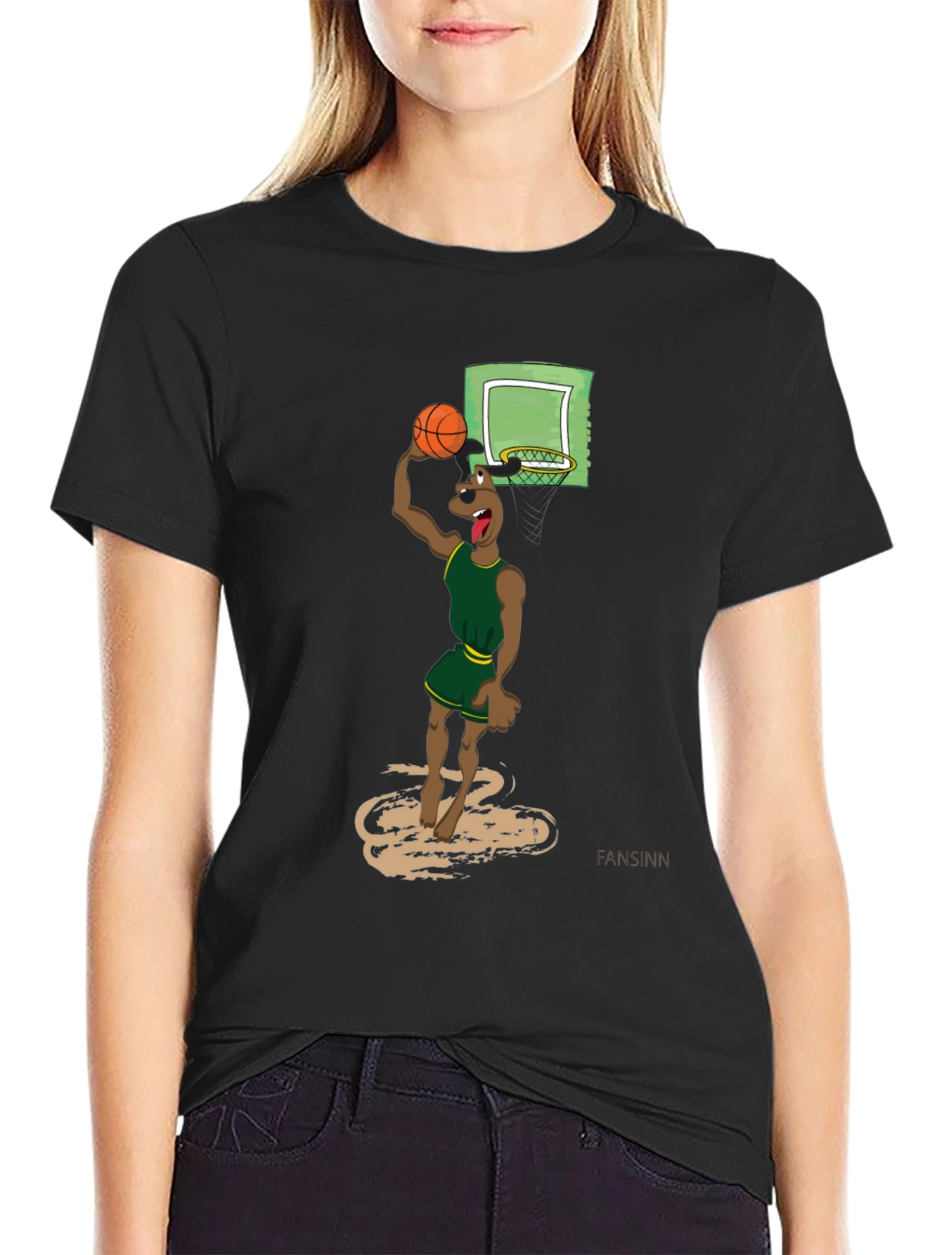 Black Cartoon Dog Basketball Graphic T-Shirt view 2