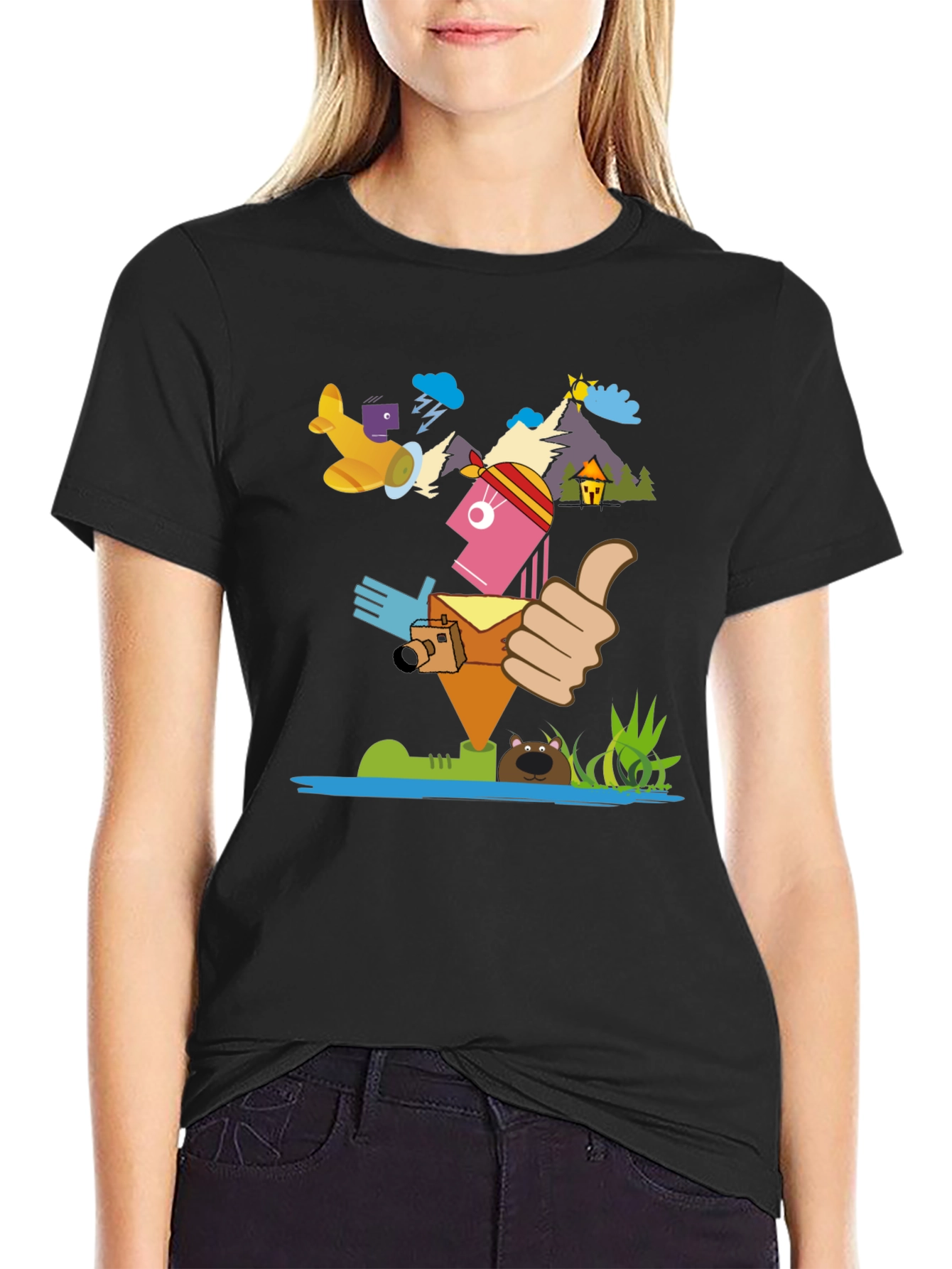 Black Funky Graphic Print Tee - Travel Adventure Theme view 2