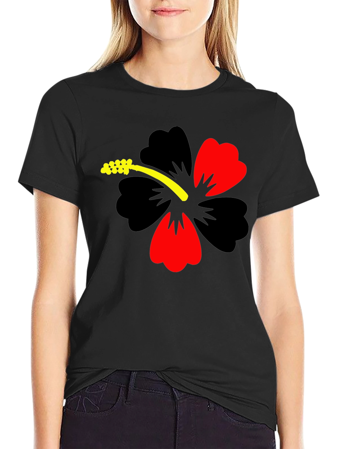 Black Hibiscus Flower Graphic Tee - Casual Black T-Shirt view 2