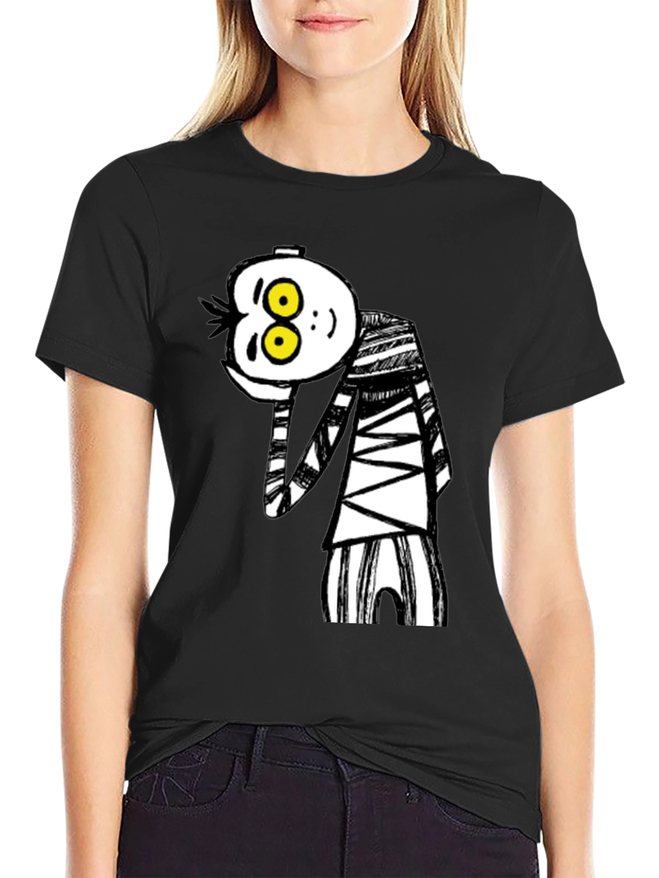 Black Whimsical Cartoon Character Graphic T-Shirt view 2
