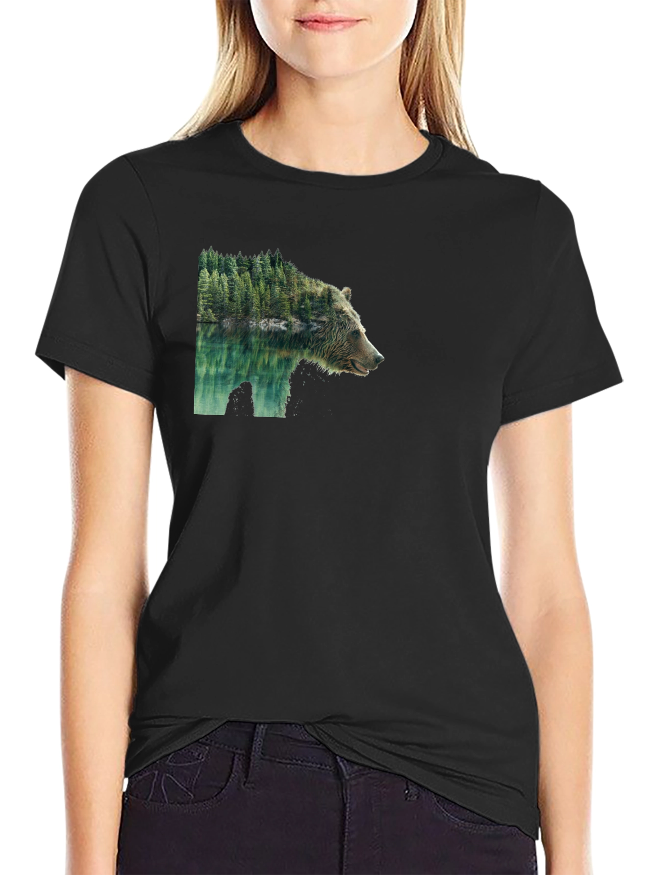 Black Bear & Forest Graphic Tee - Nature Inspired Print view 2