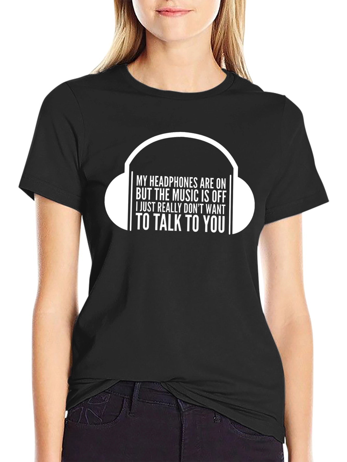 Black Funny Headphones On T-Shirt - Introvert Humor view 2