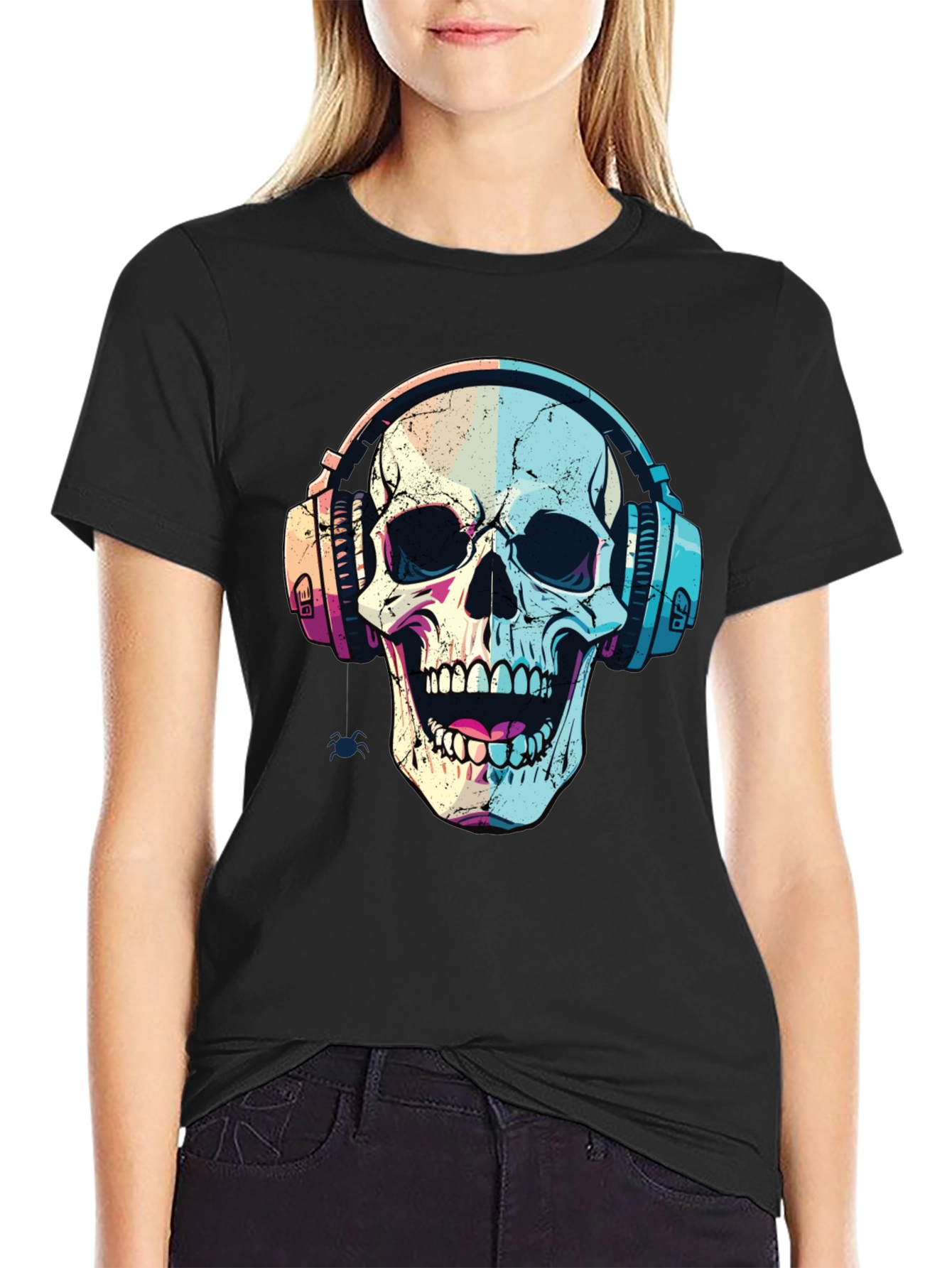 Black Skull with Headphones Graphic Tee - Trendy Music Lover Shirt view 2