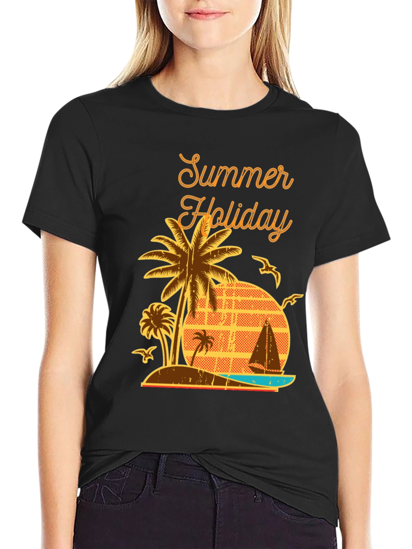 Black Summer Holiday Graphic T-Shirt - Palm Tree Beach Design view 2