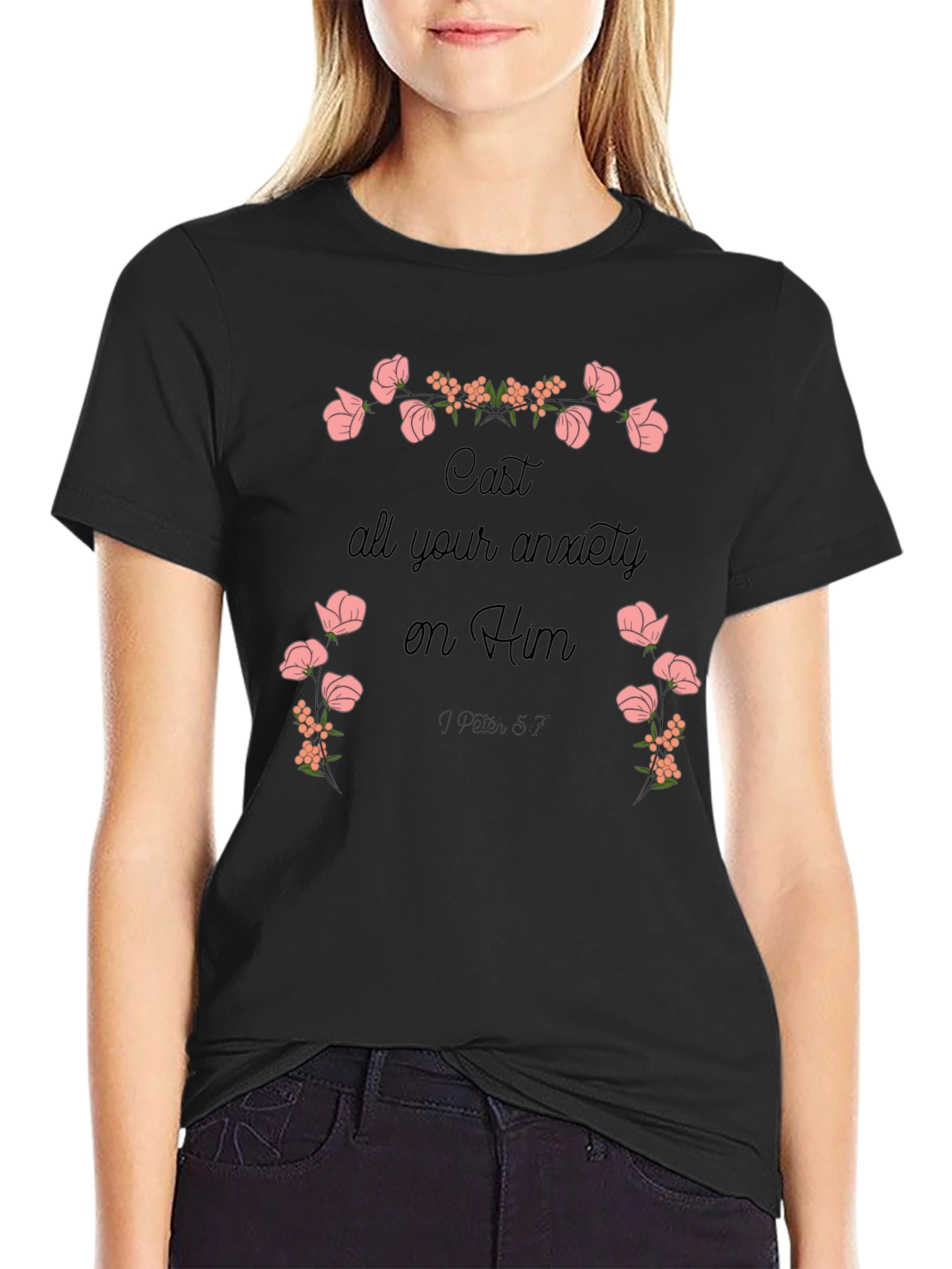 Black Floral Scripture T-Shirt - Cast Your Anxiety view 2