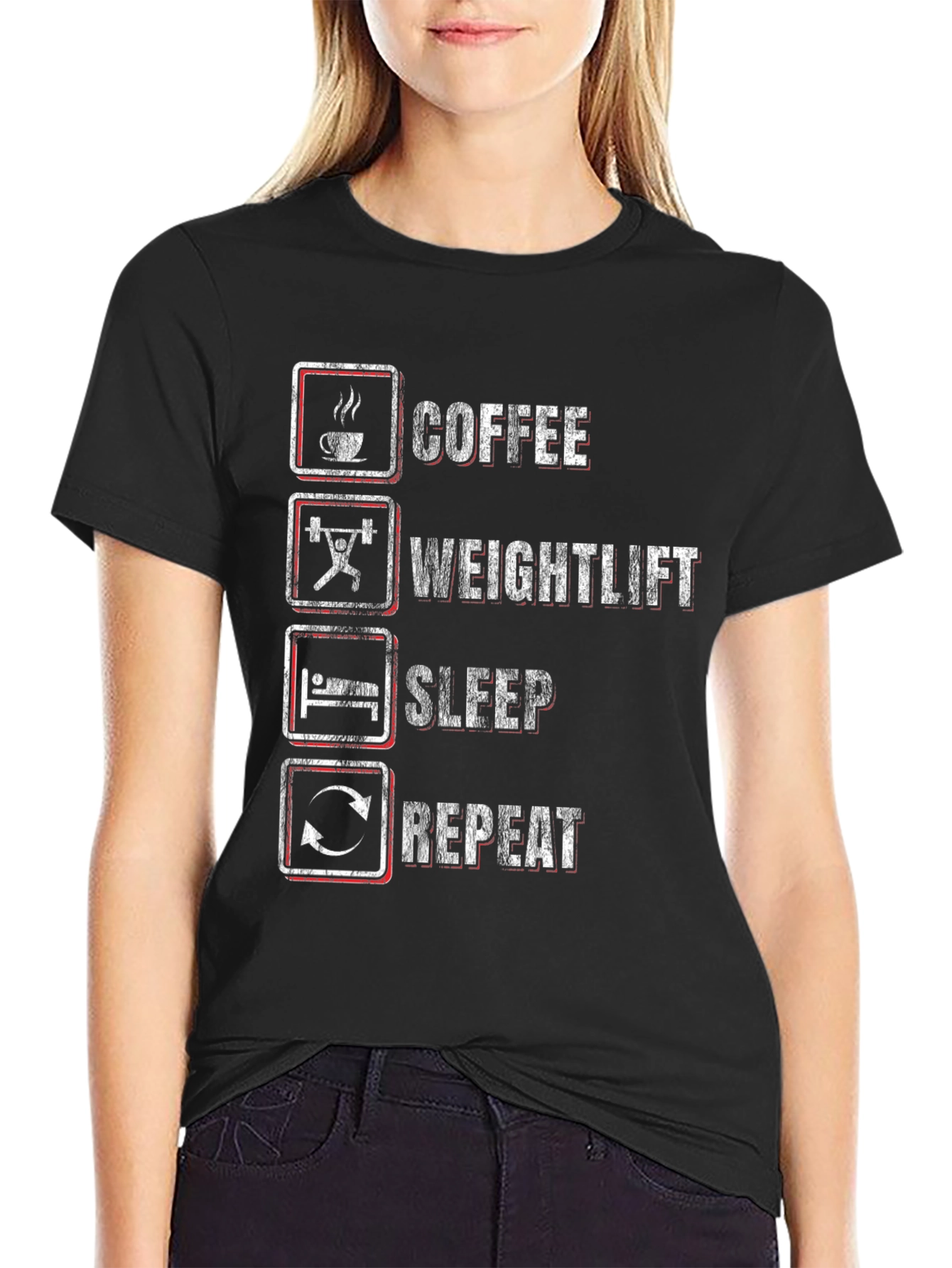 Black Coffee, Weightlift, Sleep, Repeat Black T-Shirt view 2