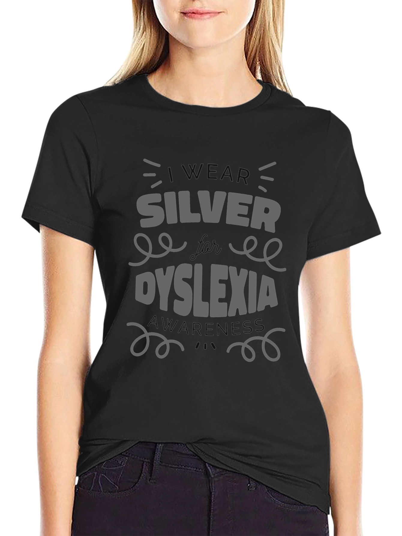Black Silver and Dyslexia Awareness T-Shirt view 2