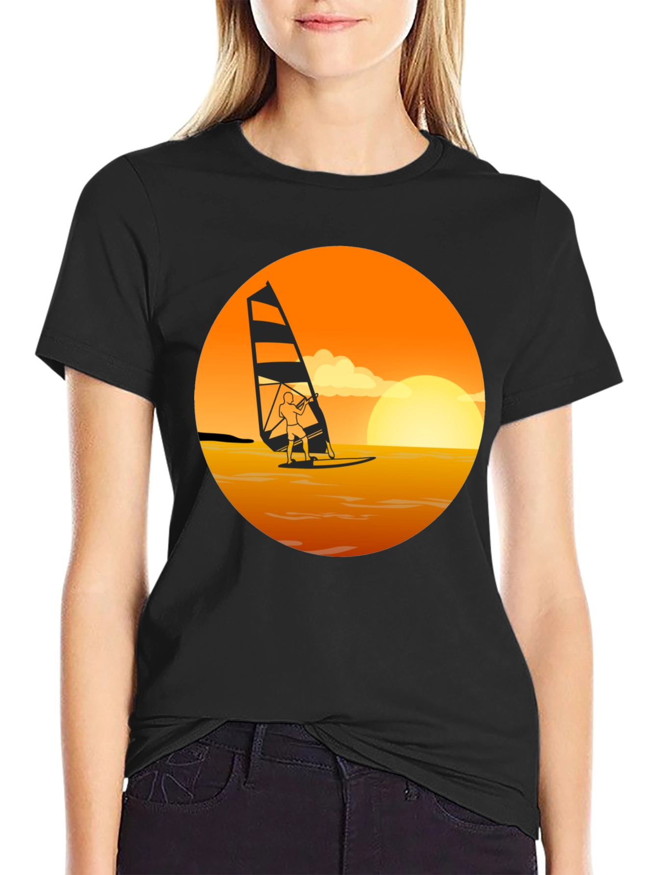 Black Windsurfing Sunset Graphic Tee - Black Cotton T-Shirt view 2