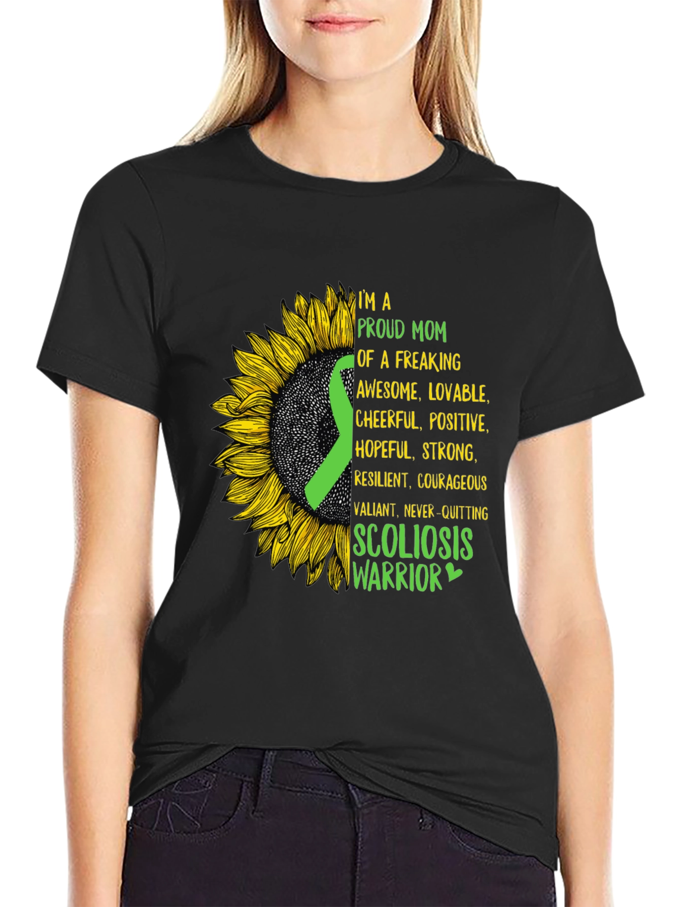 Black Proud Mom Scoliosis Warrior T-Shirt view 2