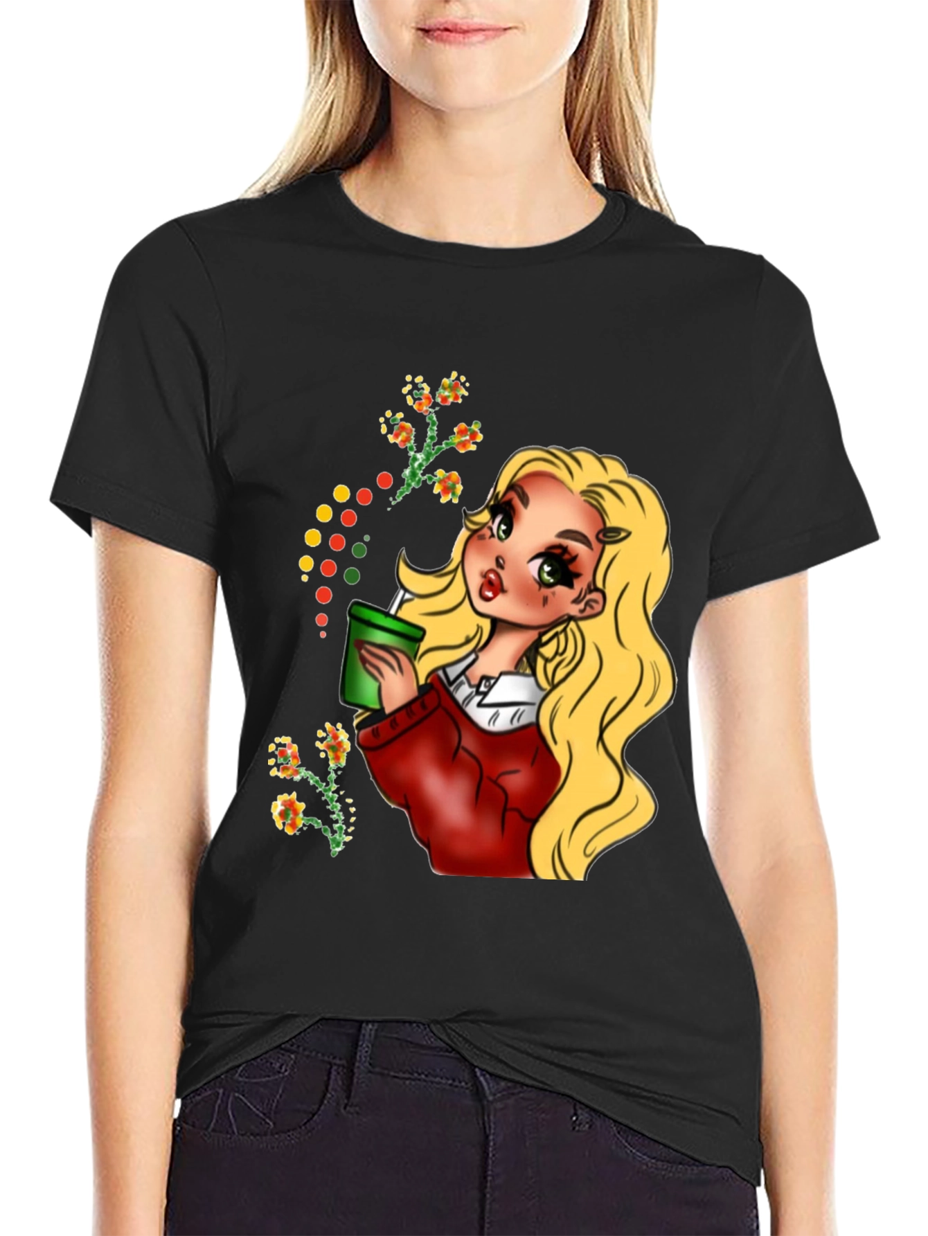 Black Blonde Cartoon Girl Black T-Shirt view 2