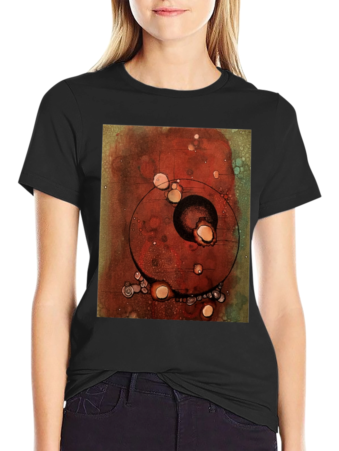 Black Abstract Art Print Black Crew Neck T-Shirt view 2