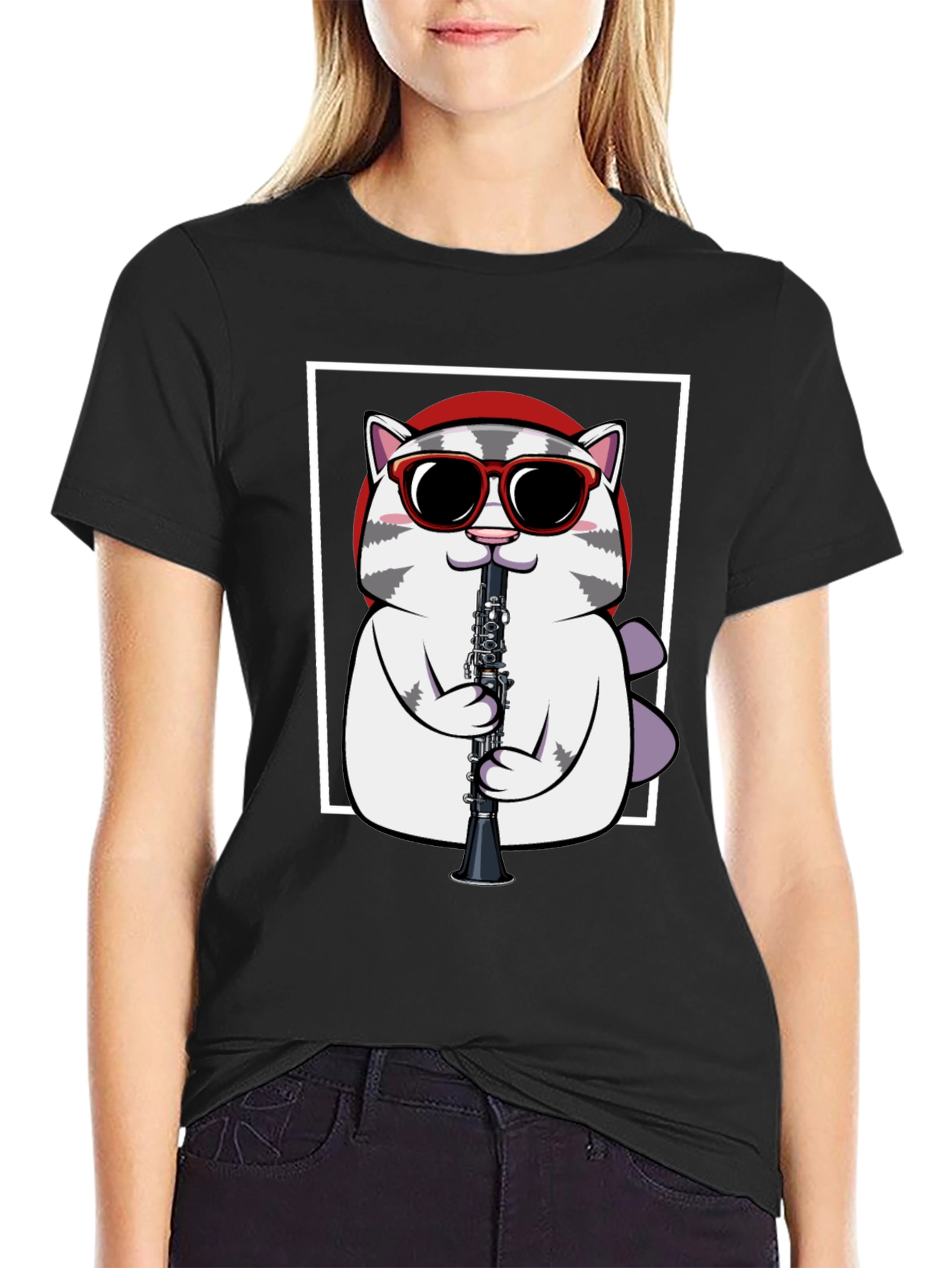 Black Cool Cat Clarinet T-Shirt - Musician Graphic Tee view 2