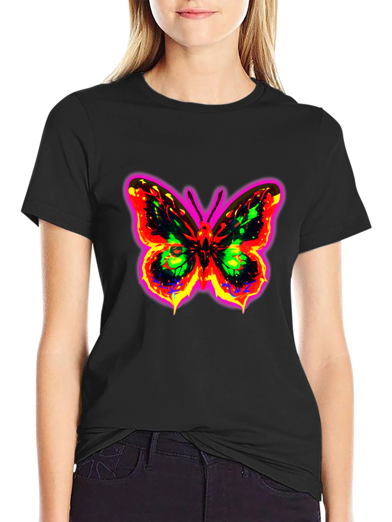 Black Neon Butterfly Graphic Black T-Shirt view 2