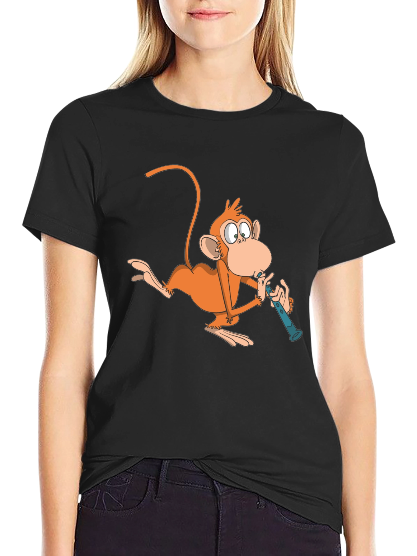 Black Monkey Playing Flute Graphic T-Shirt view 2