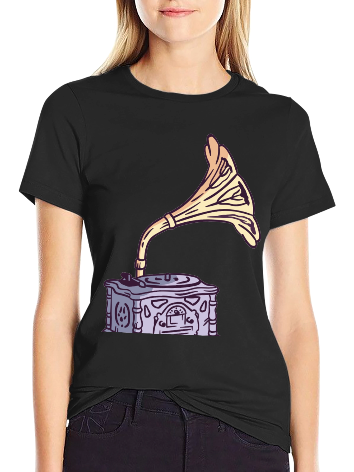 Black Vintage Gramophone Graphic Tee - Retro Music Lover Shirt view 2