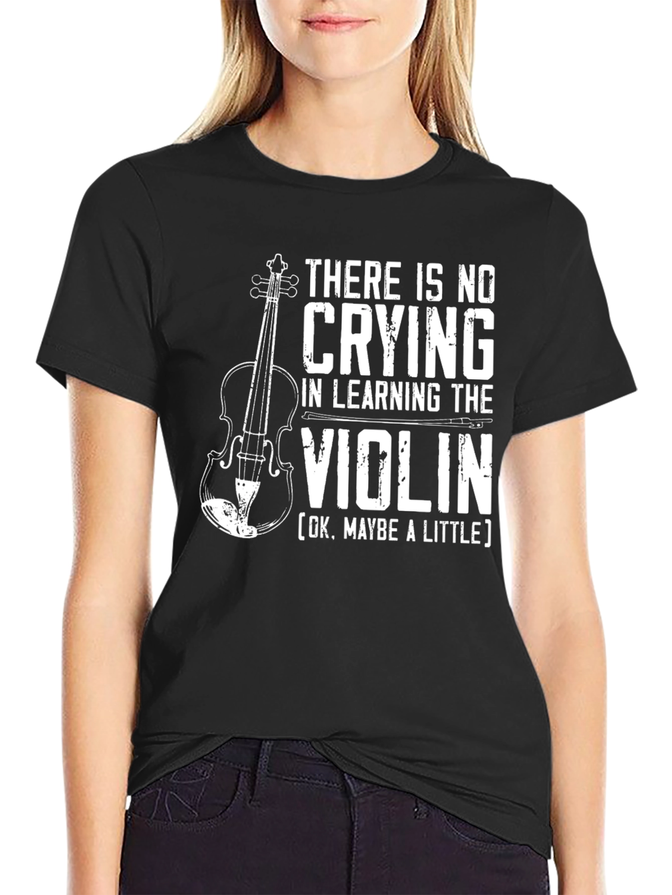 Black Funny Violin T-Shirt: No Crying in Learning view 2