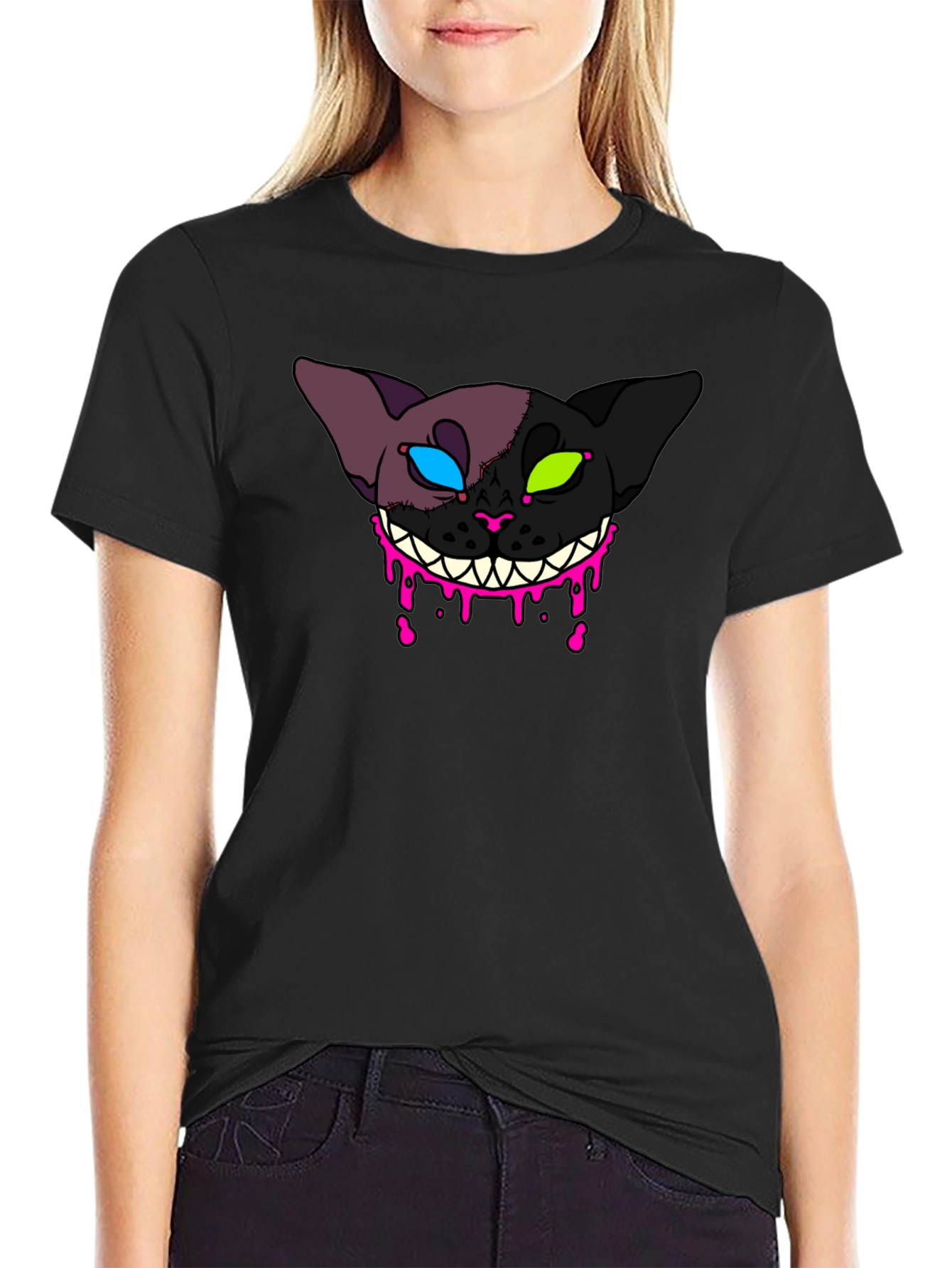 Black Creepy Cat Graphic T-Shirt - Unique Design view 2