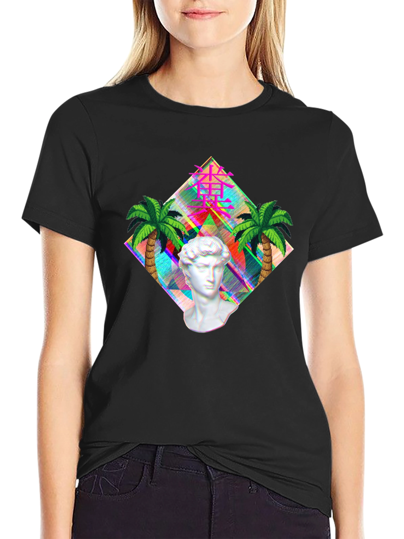 Black Vaporwave Statue Graphic T-Shirt - Men's Black Tee view 2