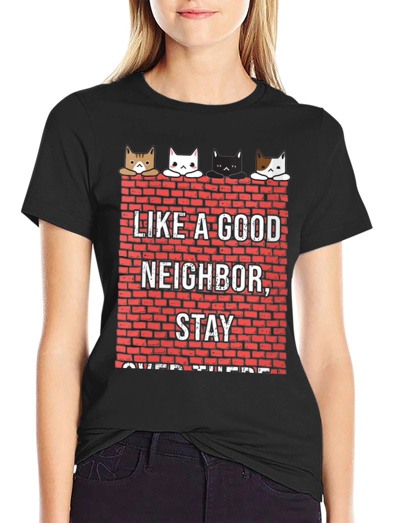Black Like A Good Neighbor Stay Over There Funny Cat T-Shirt view 2