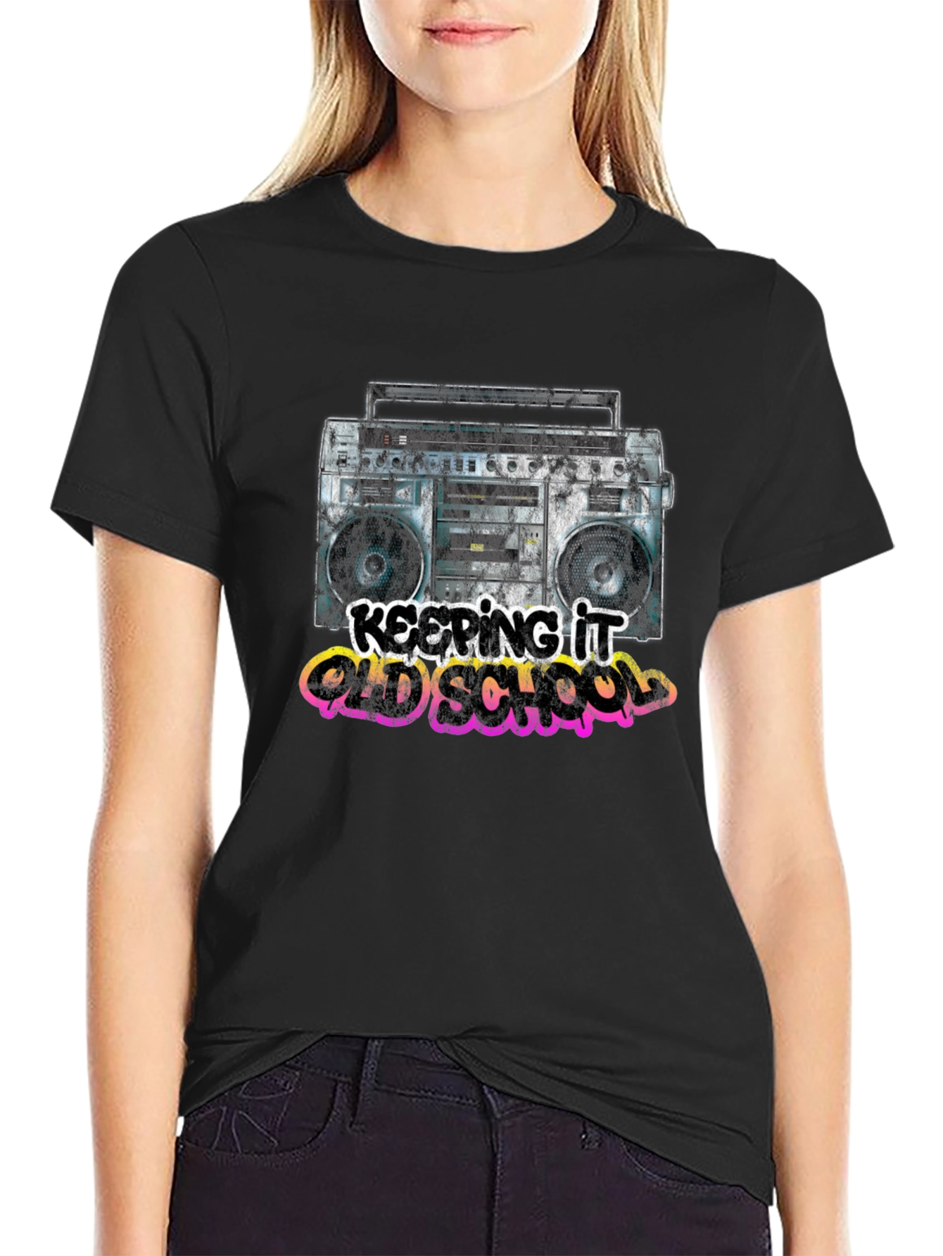 Black Retro Boombox T-Shirt - Keeping It Old School view 2