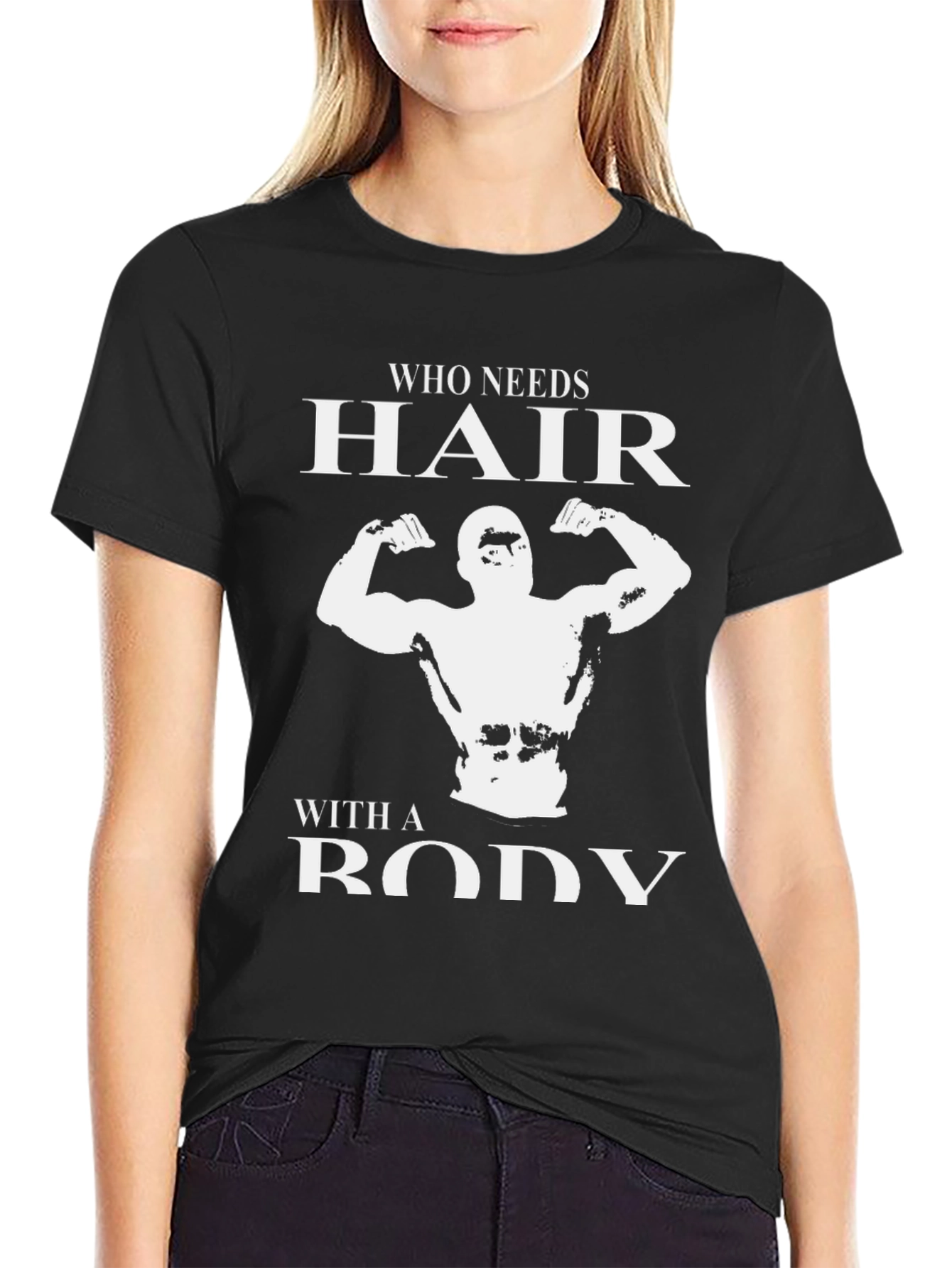 Black Who Needs Hair? Bodybuilder Graphic T-Shirt view 2