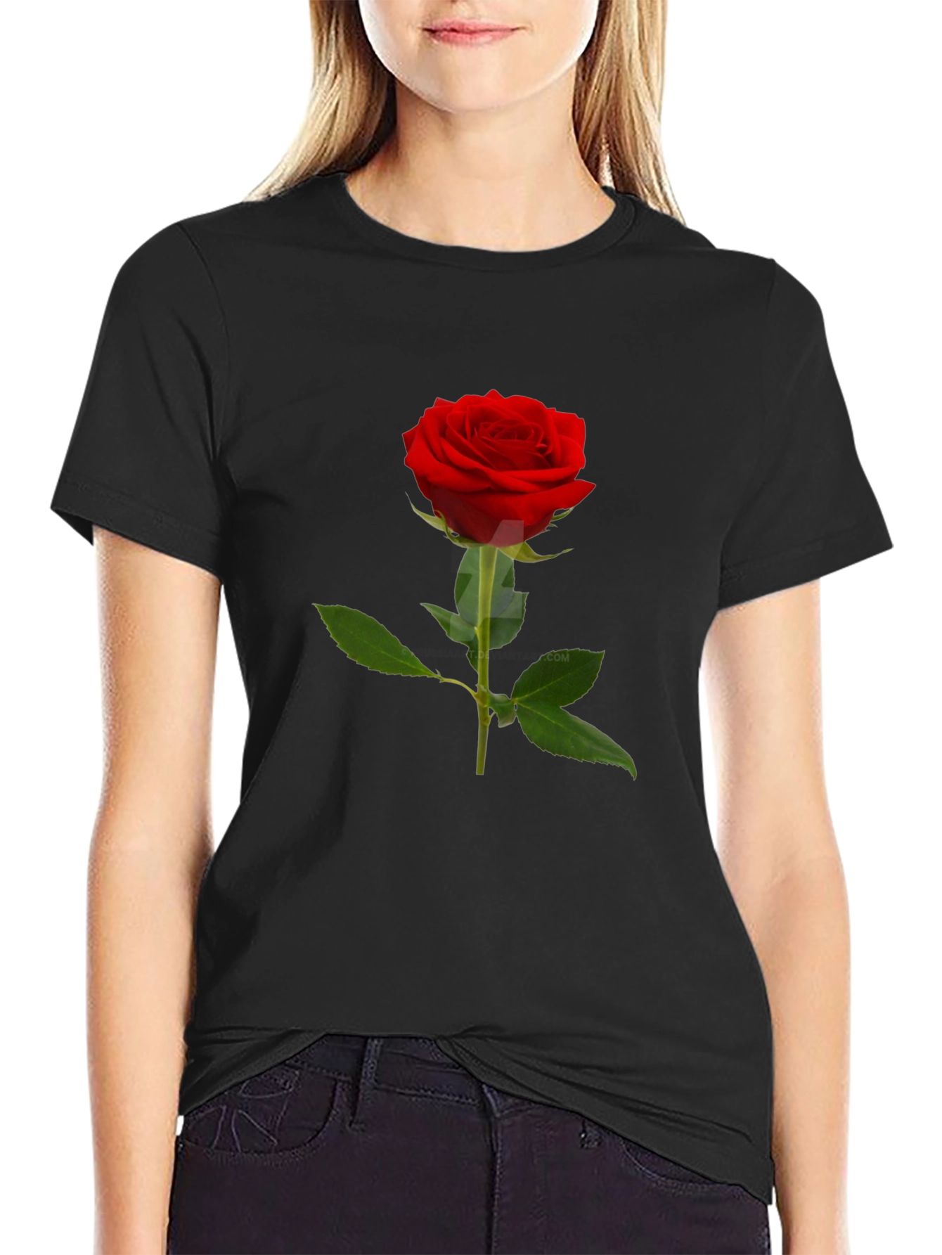 Black Classic Red Rose T-Shirt - Elegant Floral Design view 2