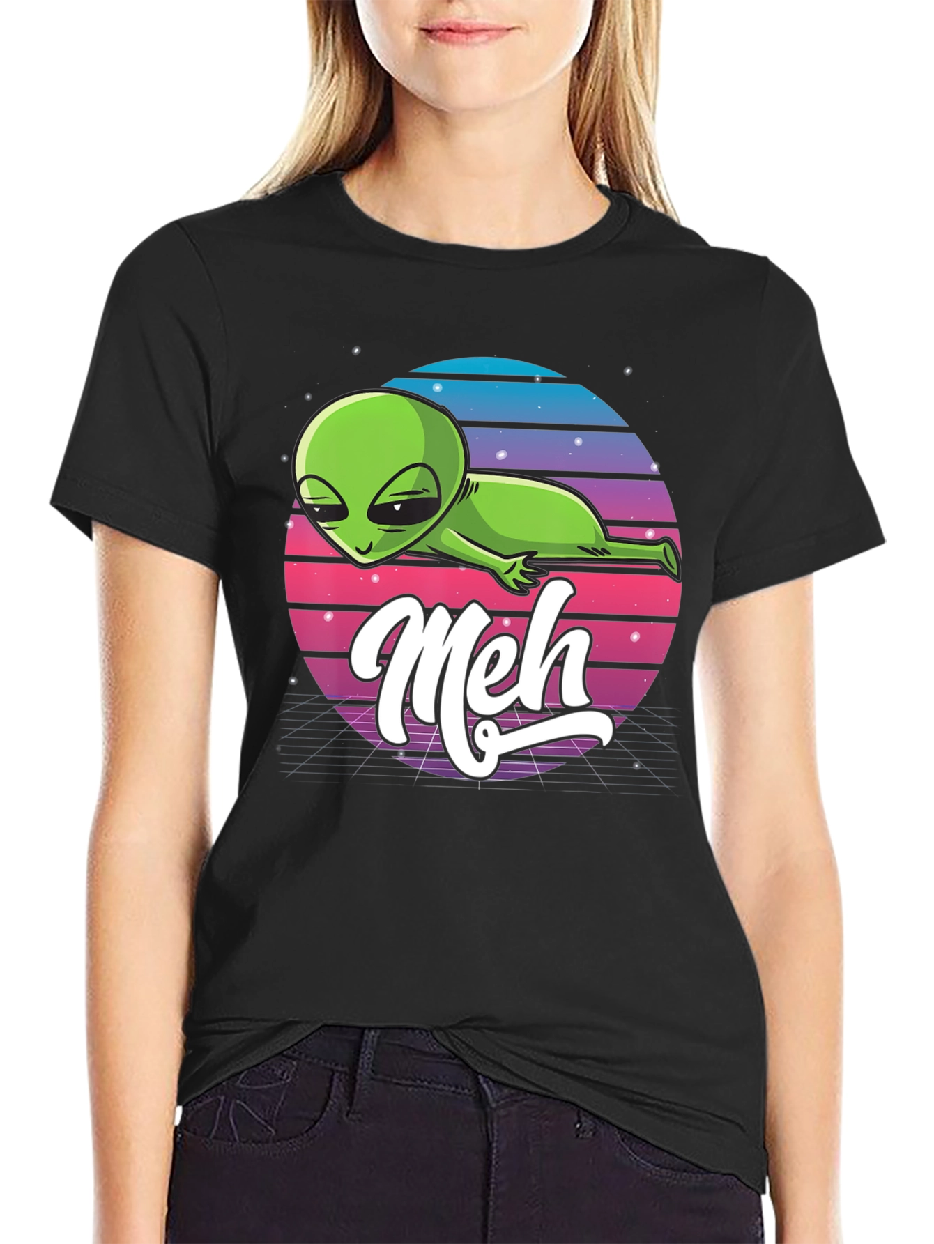 Black Meh Alien T-Shirt: Retro Space Design, Relaxed Fit view 2