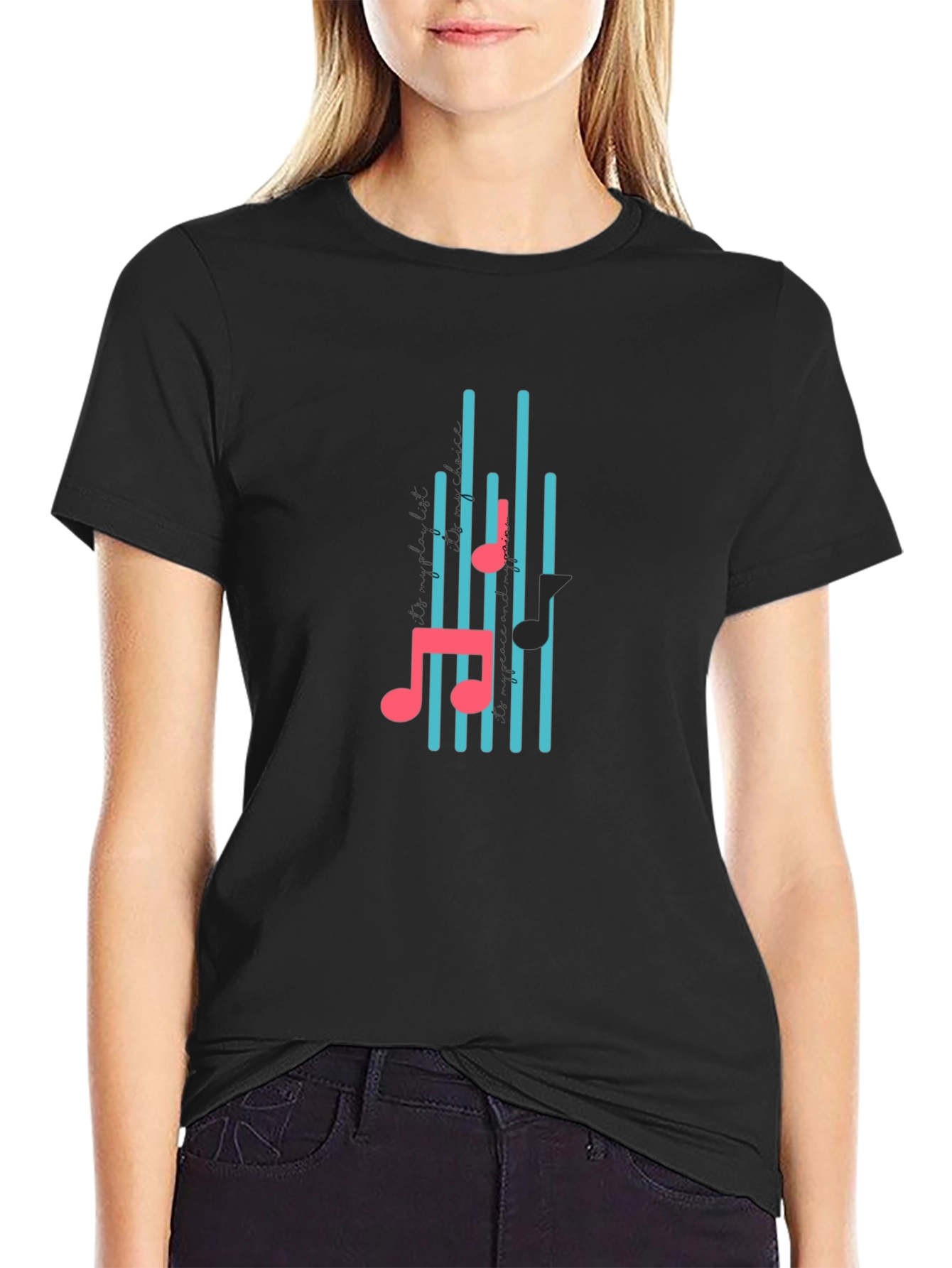 Black Black T-Shirt with Musical Notes Design view 2