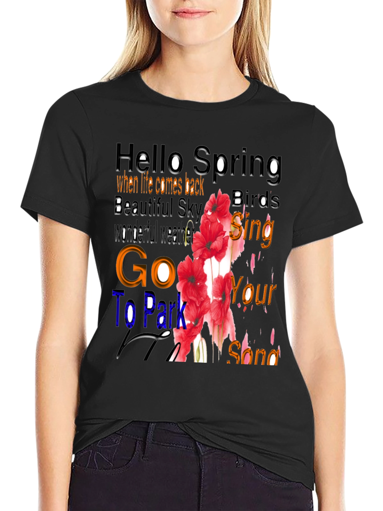 Black Hello Spring Floral Graphic T-Shirt view 2