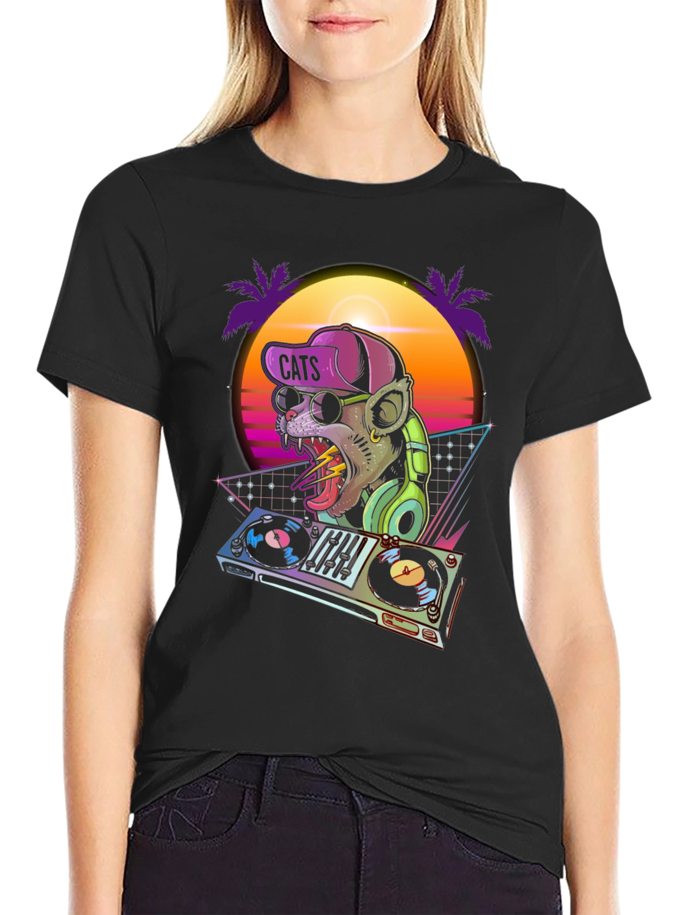Black DJ Cat Graphic T-Shirt - Retro Style view 2