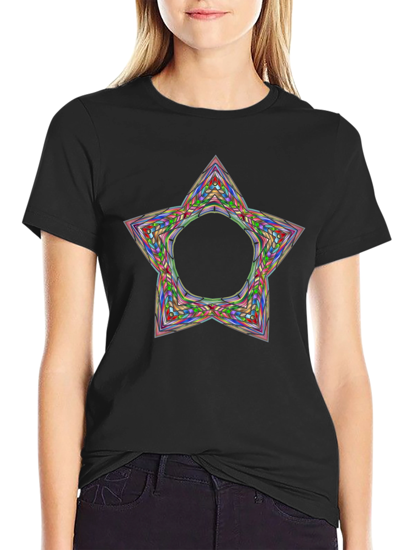 Black Colorful Star Circle Graphic Black T-Shirt view 2