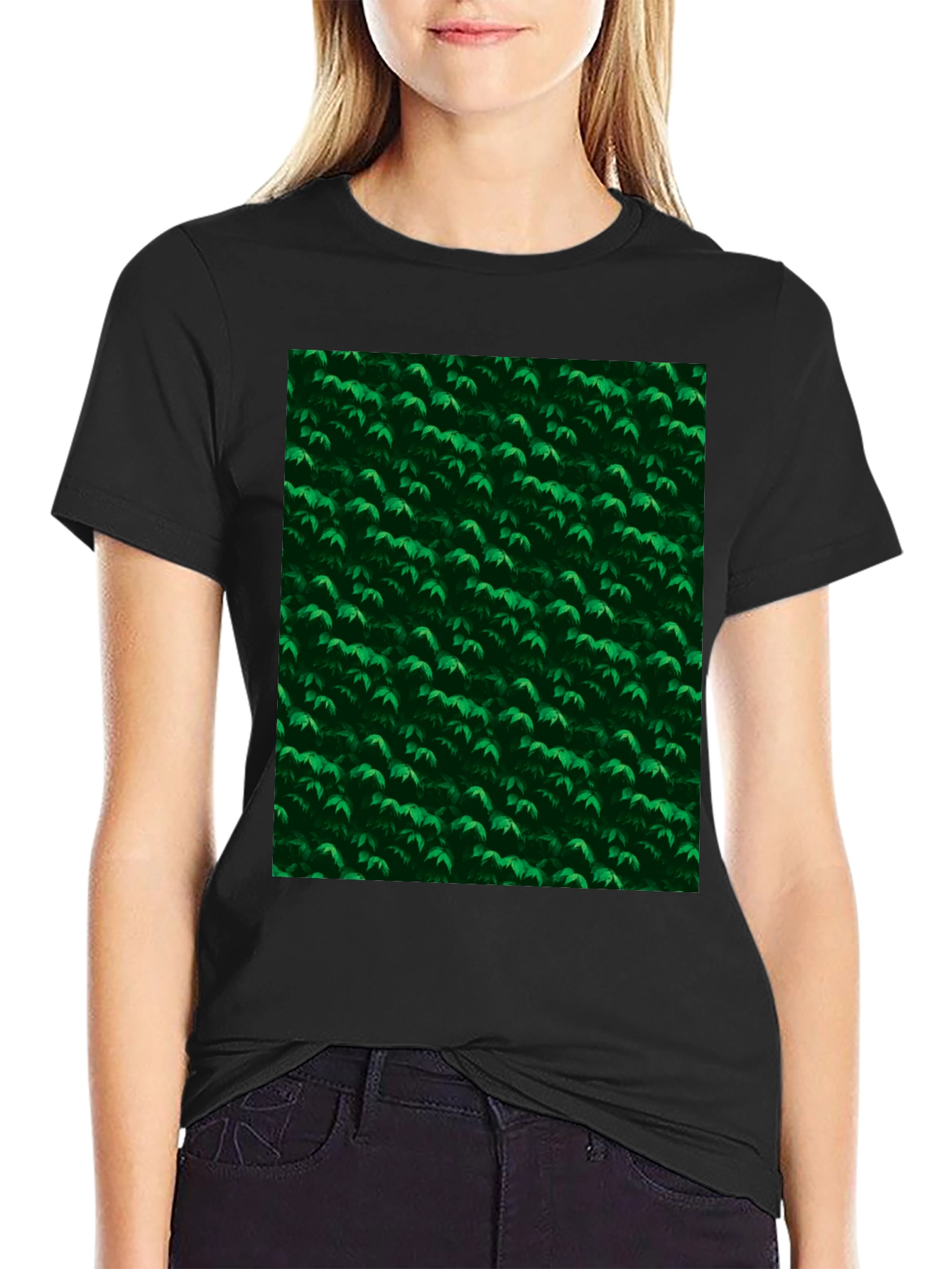 Black Green Leaves Pattern Black T-Shirt view 2