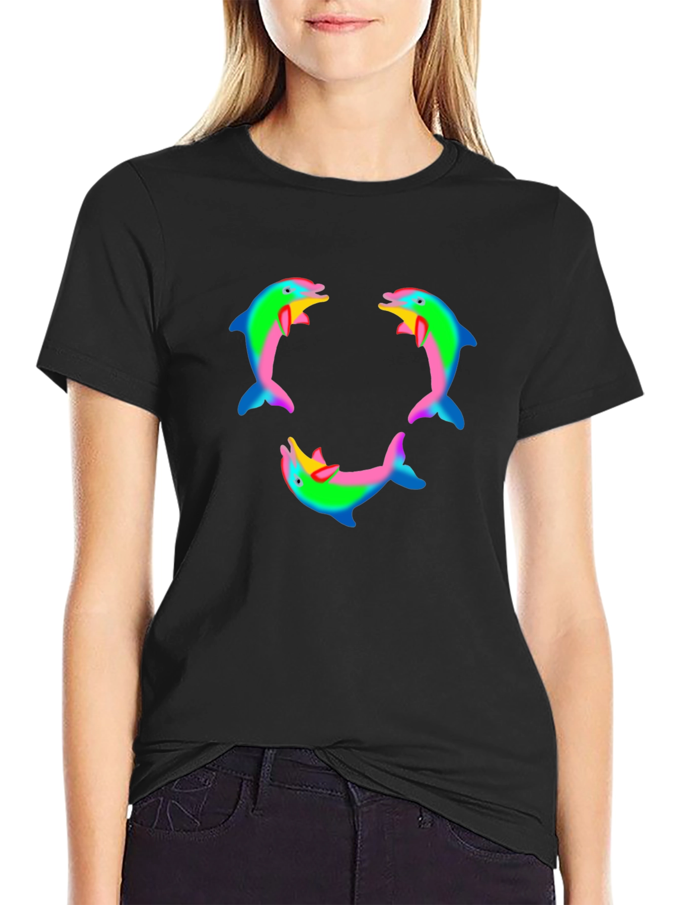 Black Dolphin T-Shirt - Rainbow Pattern view 2