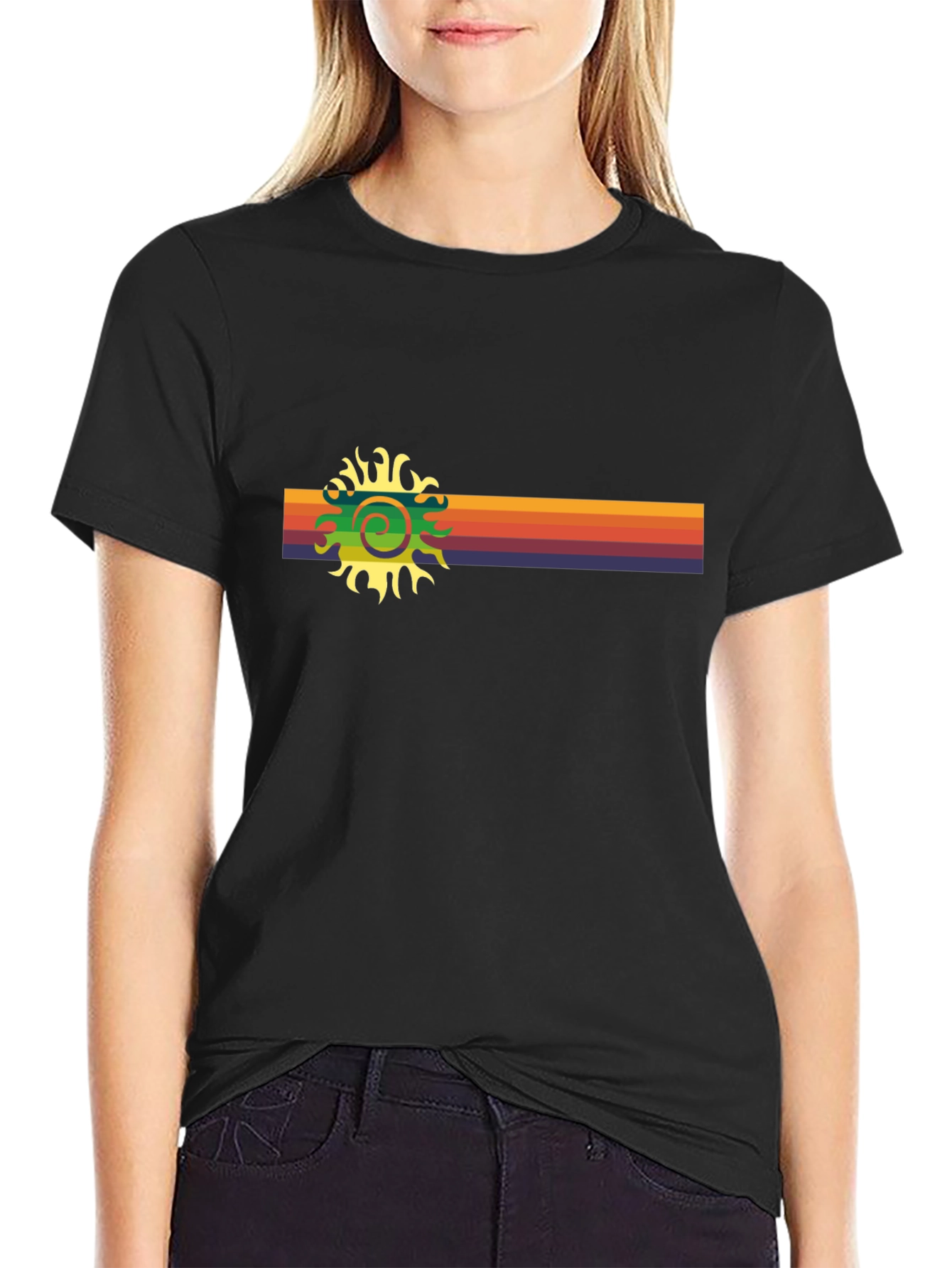 Black Retro Sun T-Shirt - Vintage Stripe Design view 2
