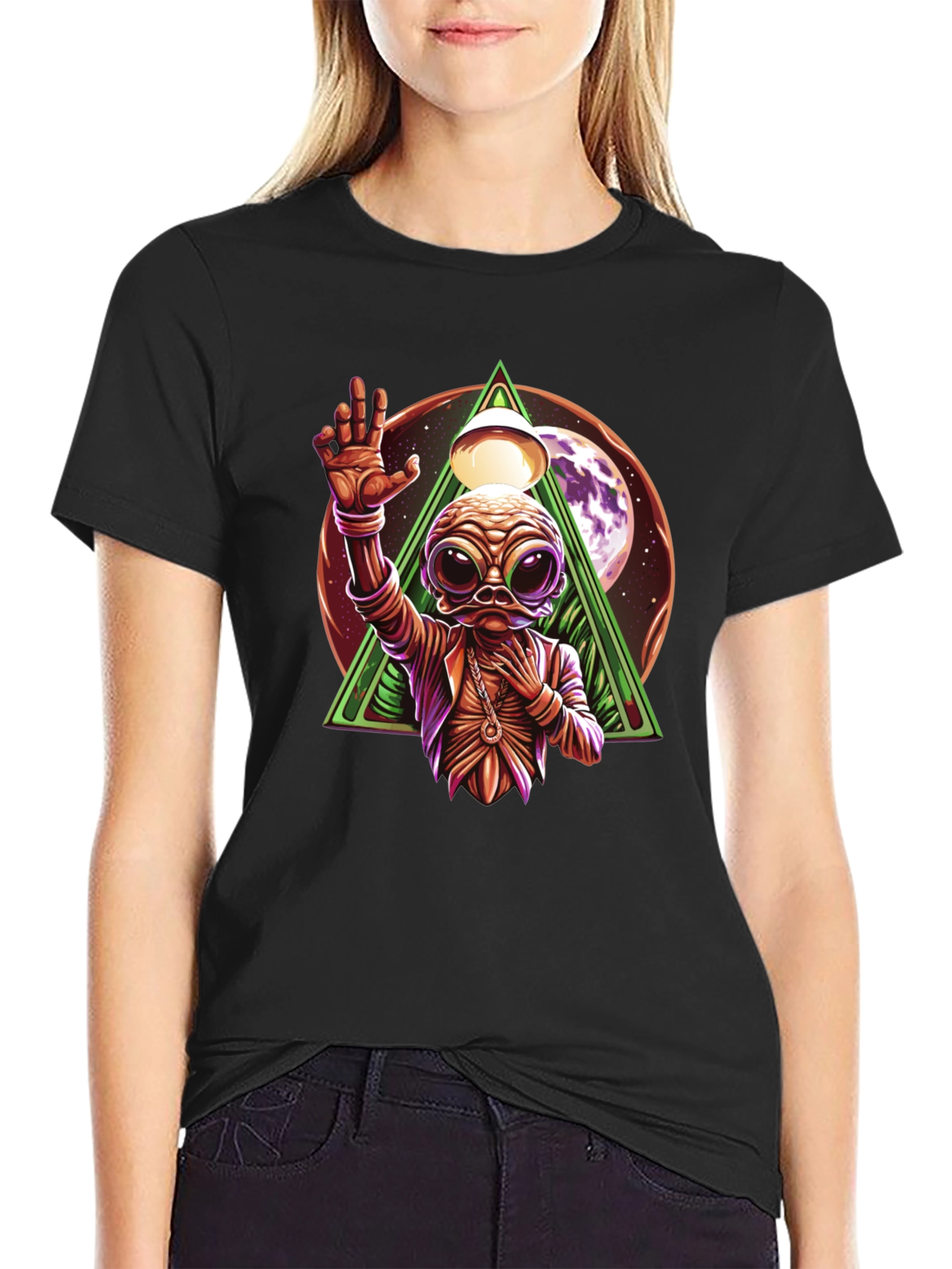 Black Alien Graphic Black T-Shirt - Unique Design view 2
