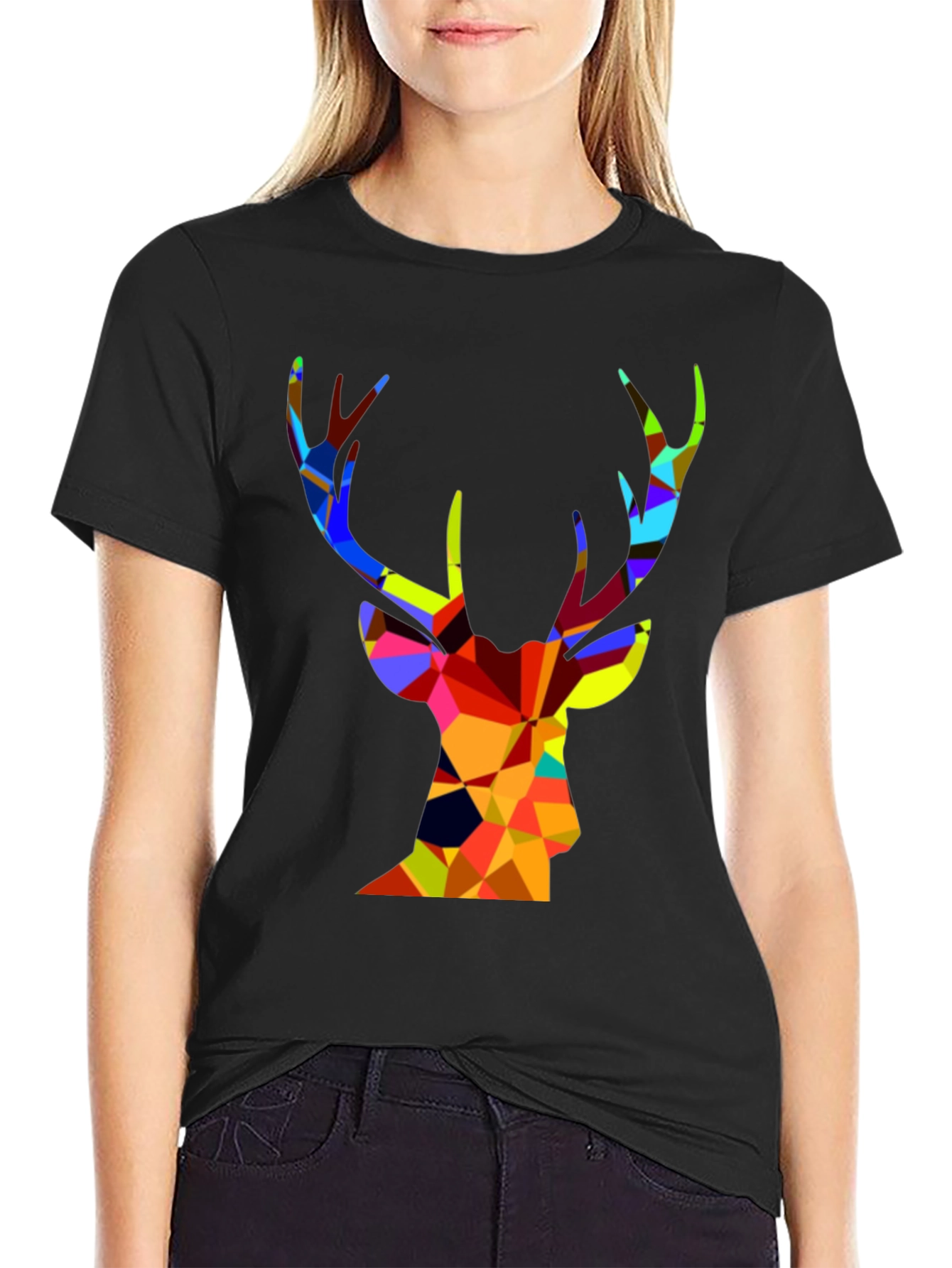 Black Geometric Deer Graphic T-Shirt view 2