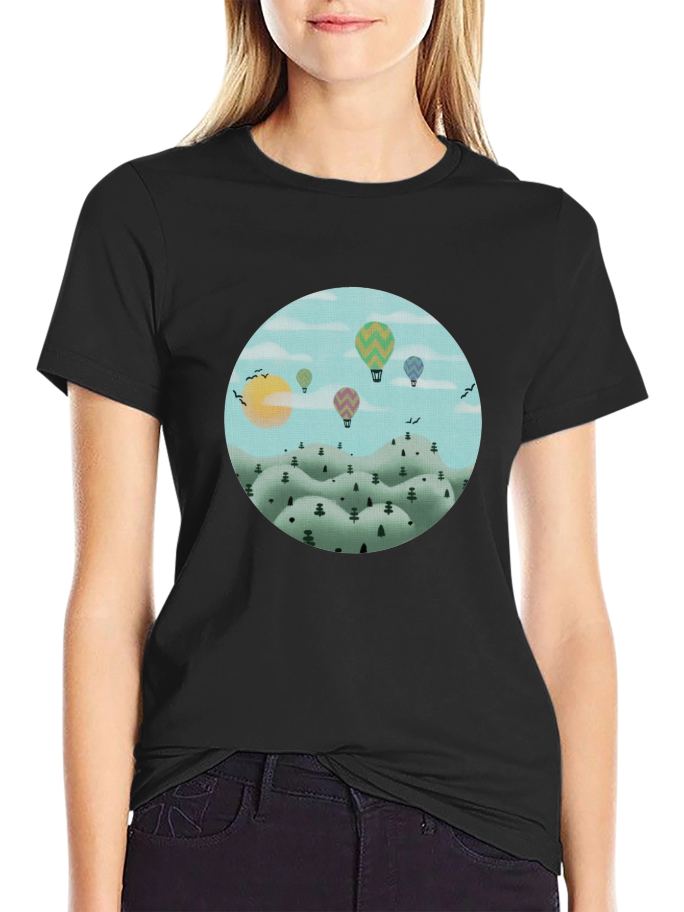 Black Hot Air Balloon Landscape Graphic Tee - Black Cotton view 2